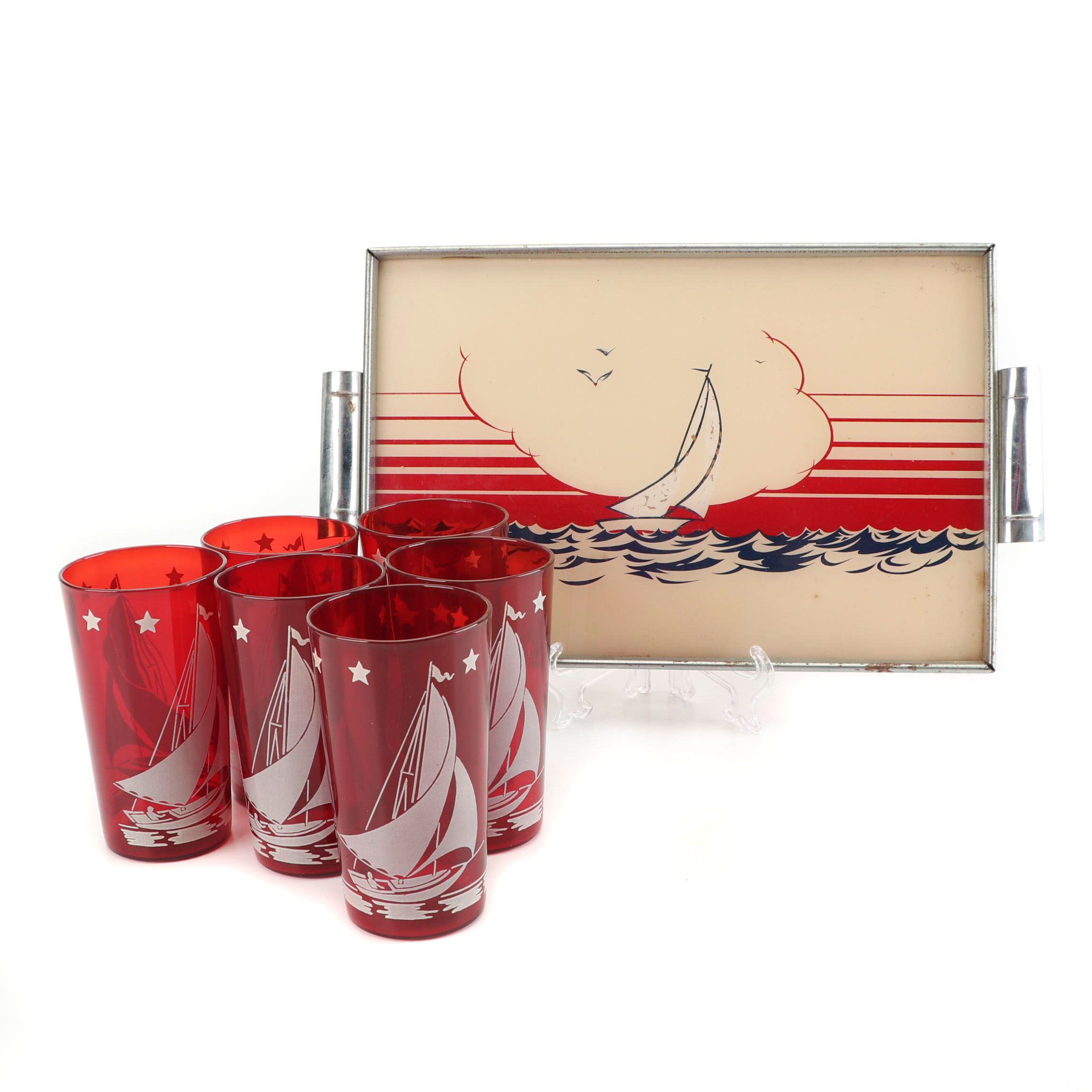 Hazel-Atlas Red "Ships" Glass Tumblers with Colombia Chrome Tray