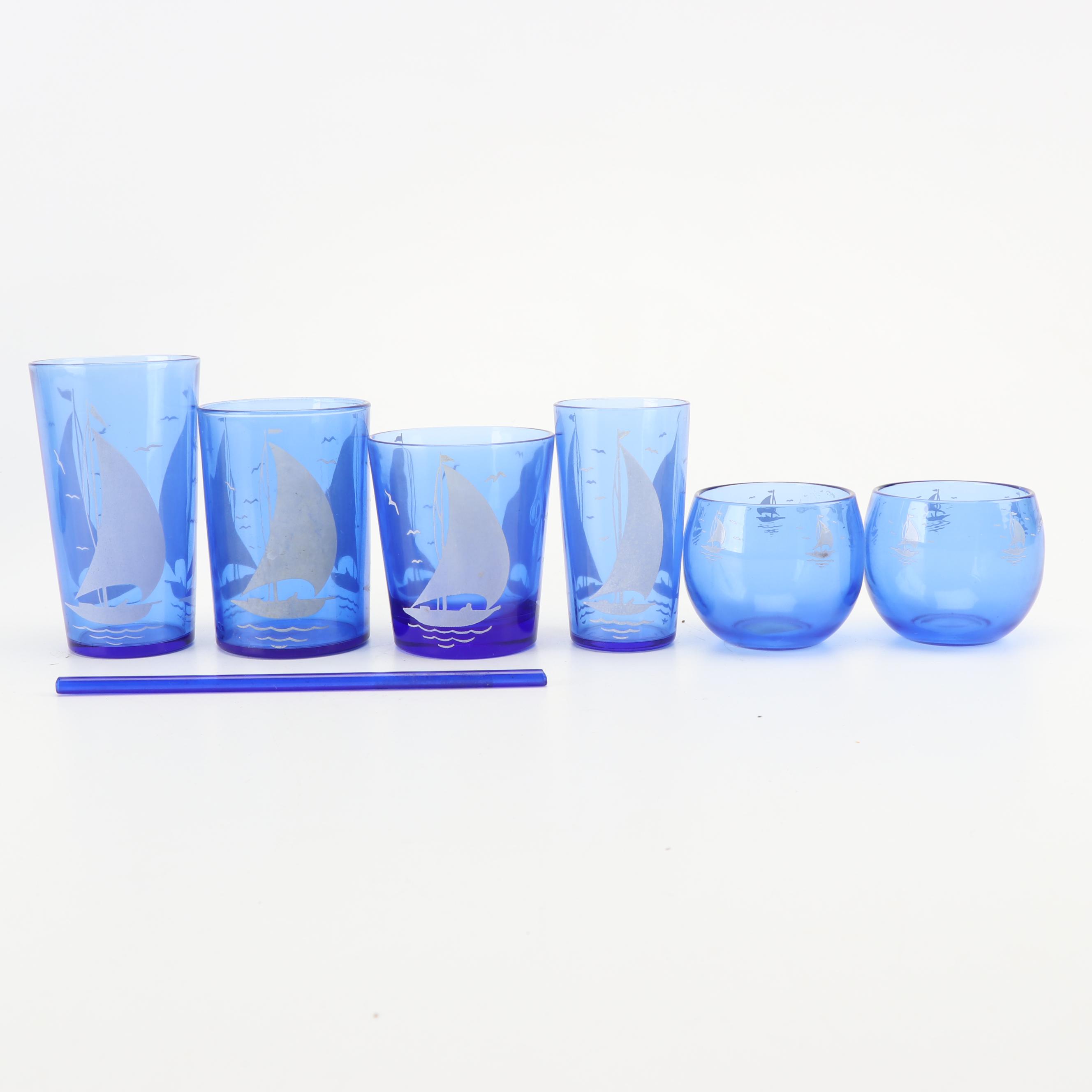 Hazel-Atlas Blue "Ships" Glassware, Vintage