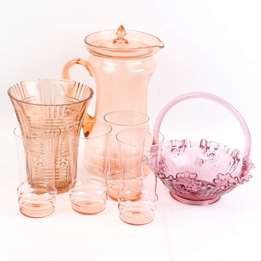 Pink Depression Glass with Fenton Style Basket
