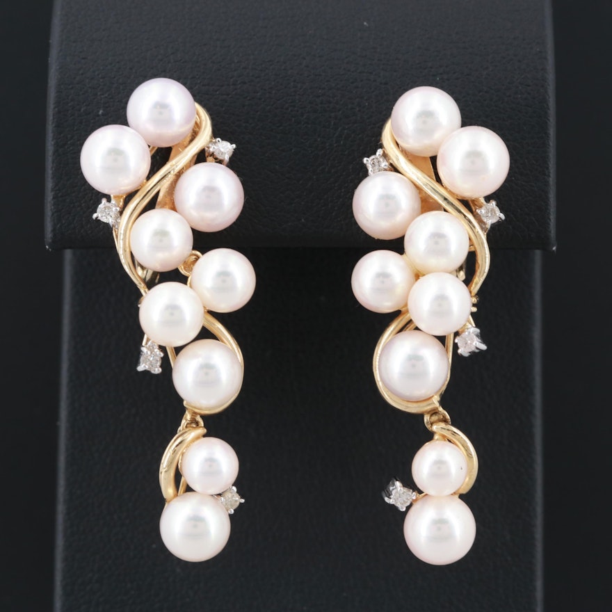 14K Yellow Gold Cultured Pearl and Diamond Dangle Earrings