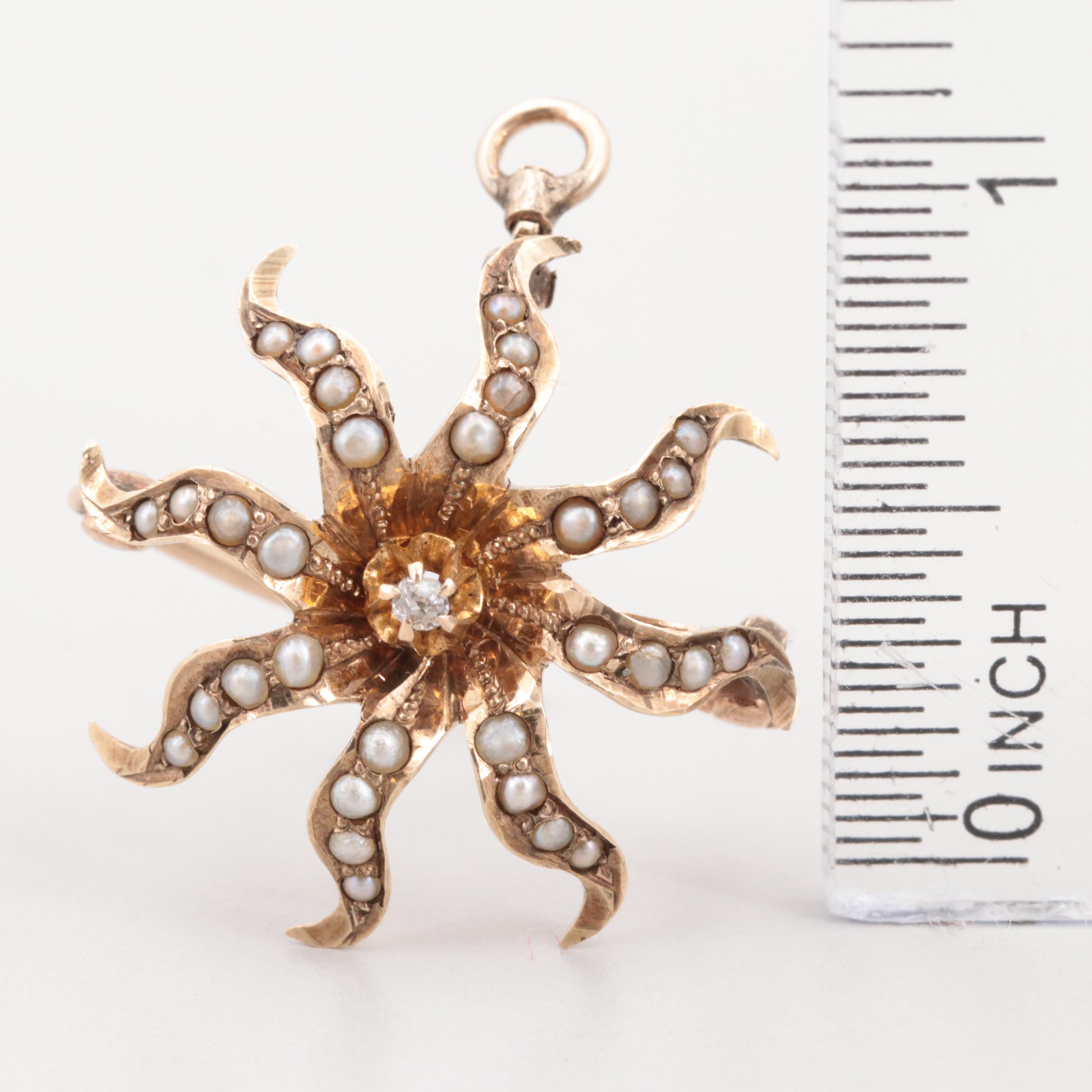 Mid-Victorian 10K Yellow Gold Diamond and Seed Pearl Sunburst Converter Brooch