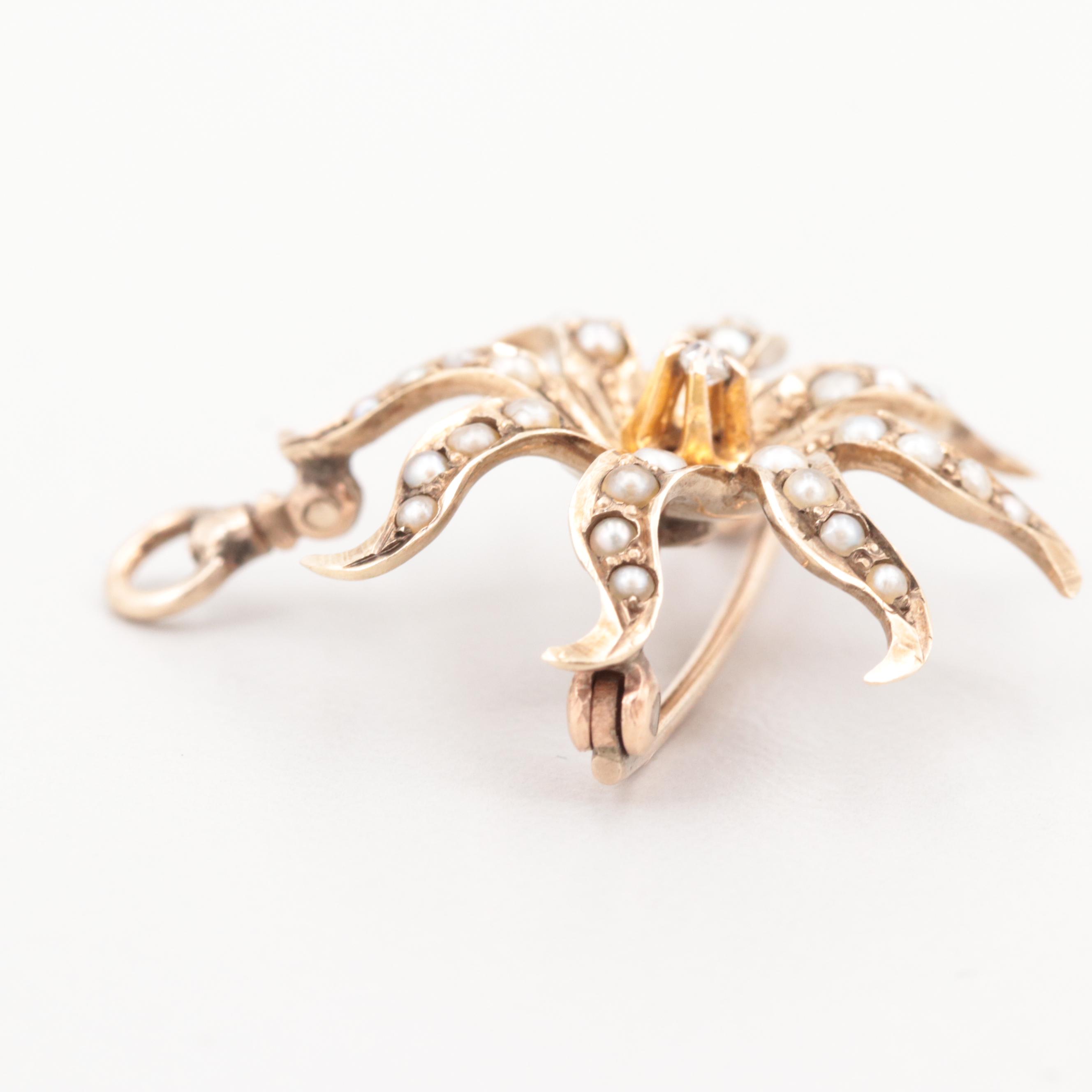 Mid-Victorian 10K Yellow Gold Diamond and Seed Pearl Sunburst Converter Brooch