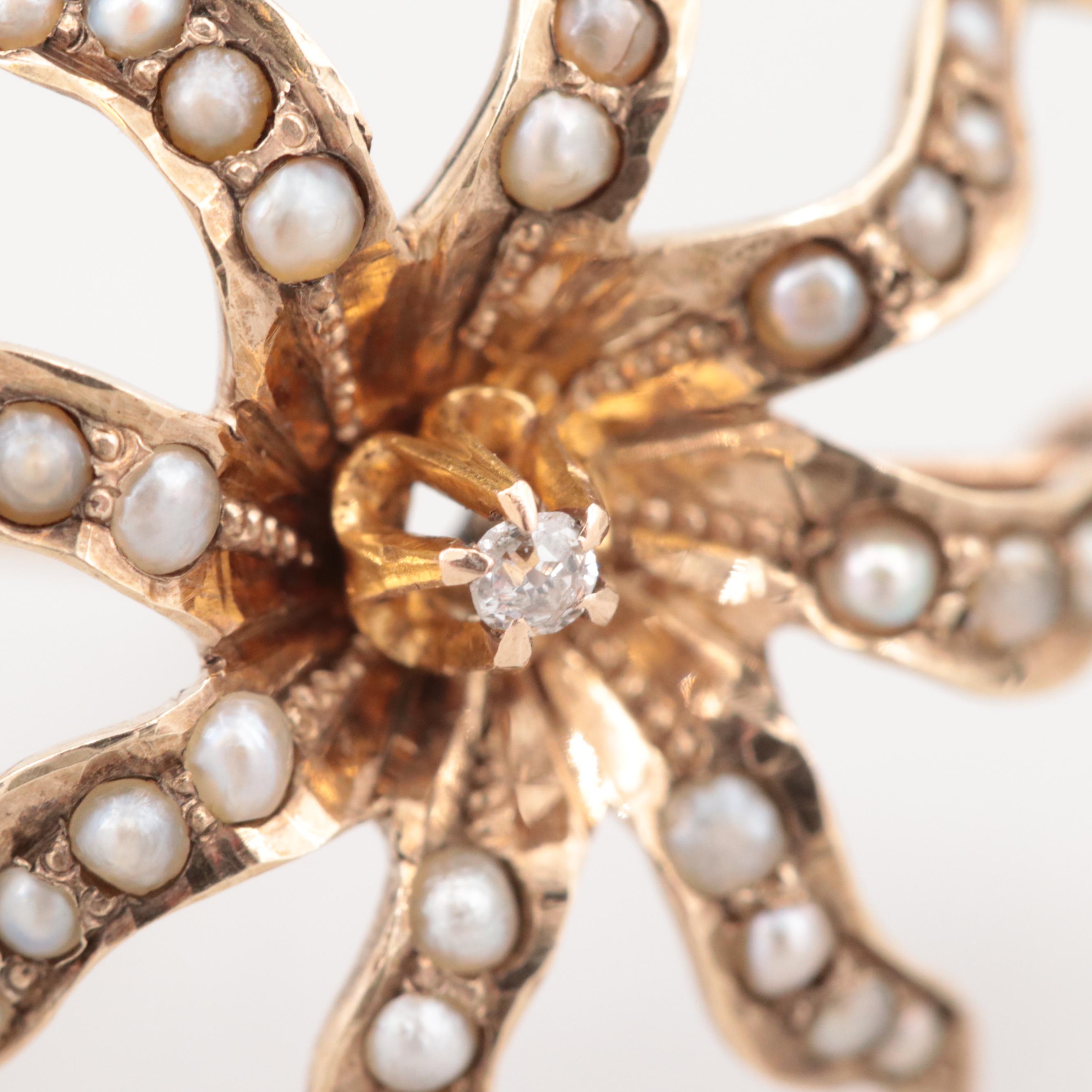 Mid-Victorian 10K Yellow Gold Diamond and Seed Pearl Sunburst Converter Brooch