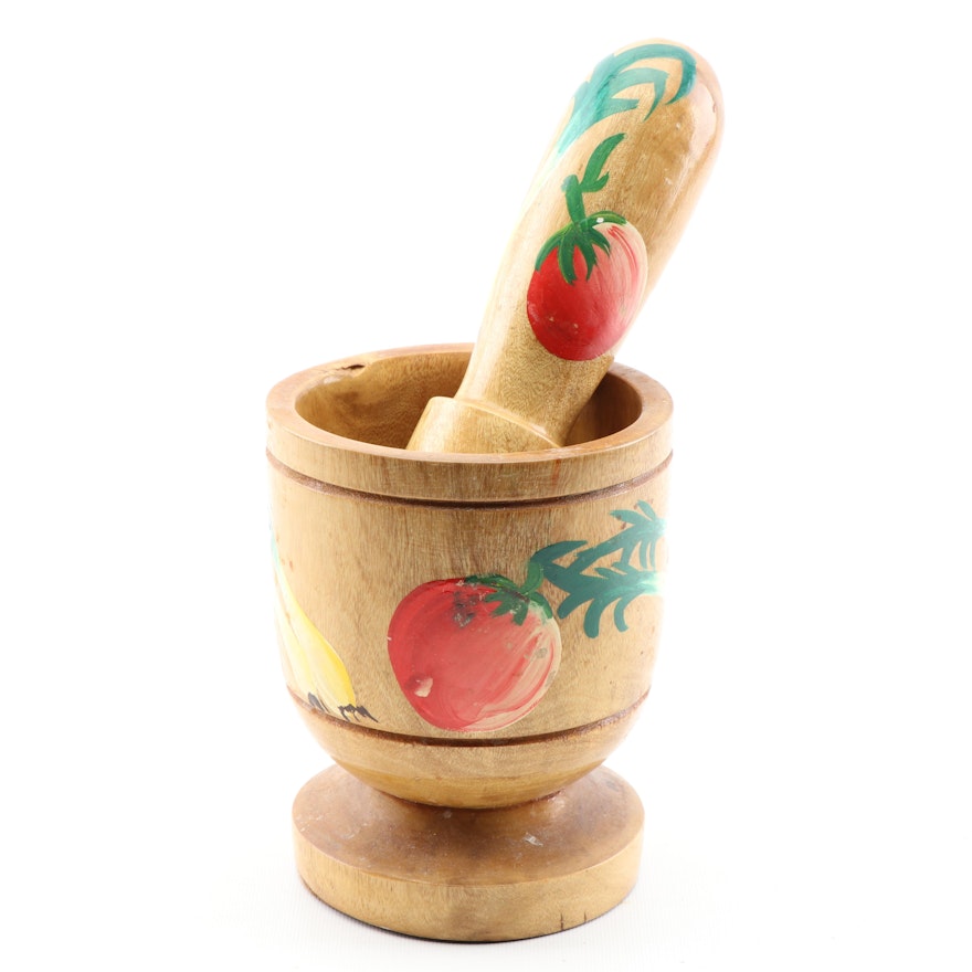 Haitian Hand-Painted Wooden Mortar and Pestle