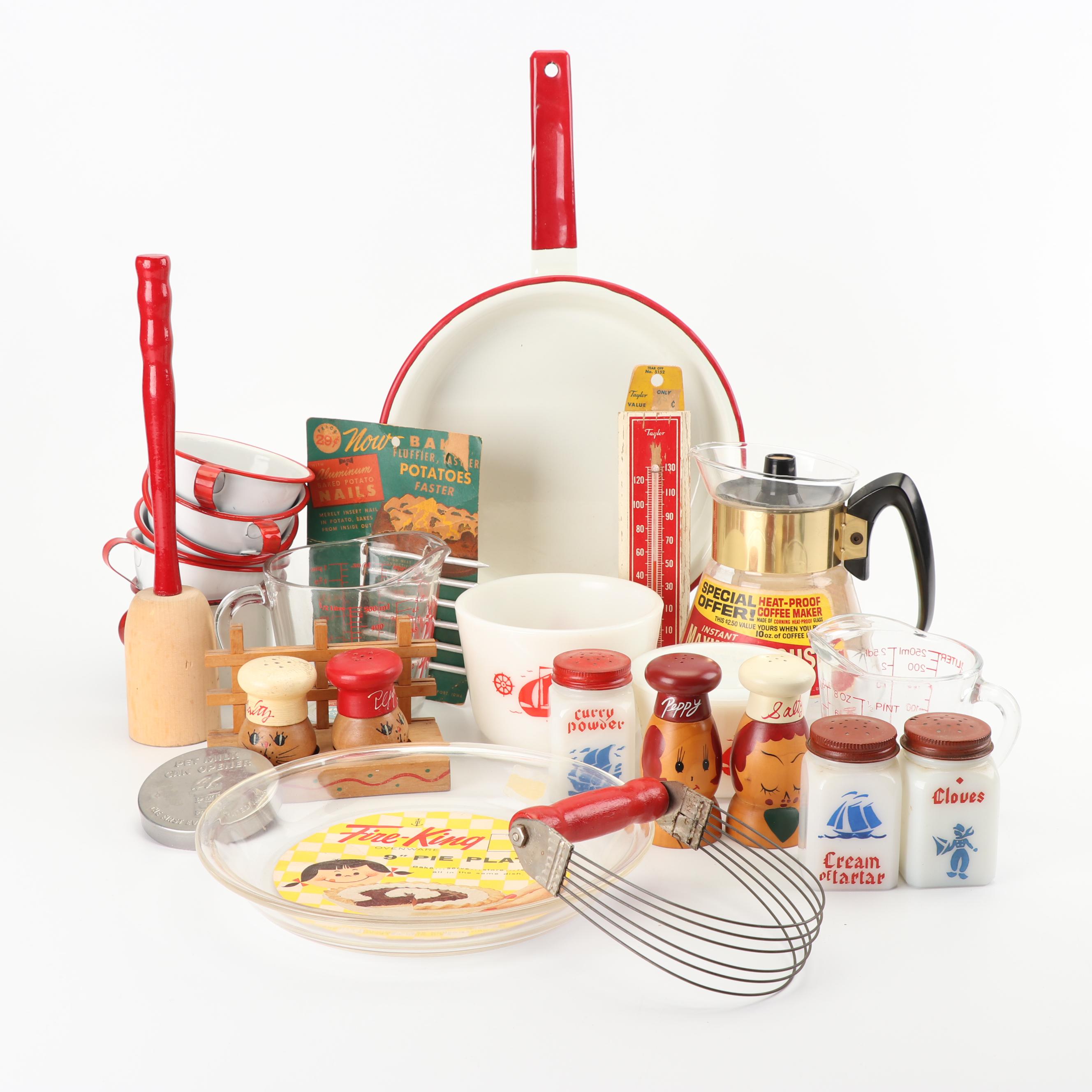 Vintage Kitchen Cook and Serveware including Milk Glass and Enamelware