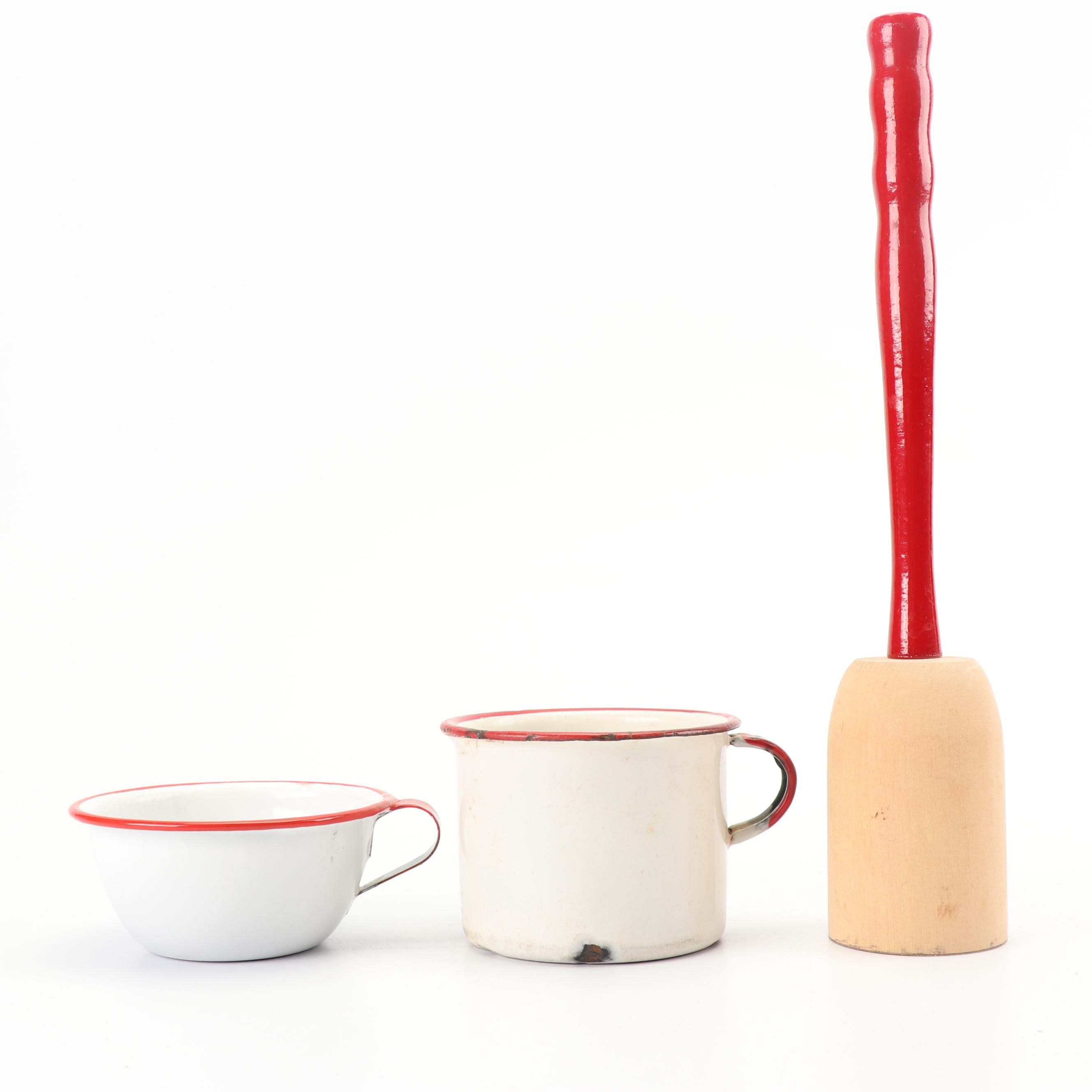 Vintage Kitchen Cook and Serveware including Milk Glass and Enamelware