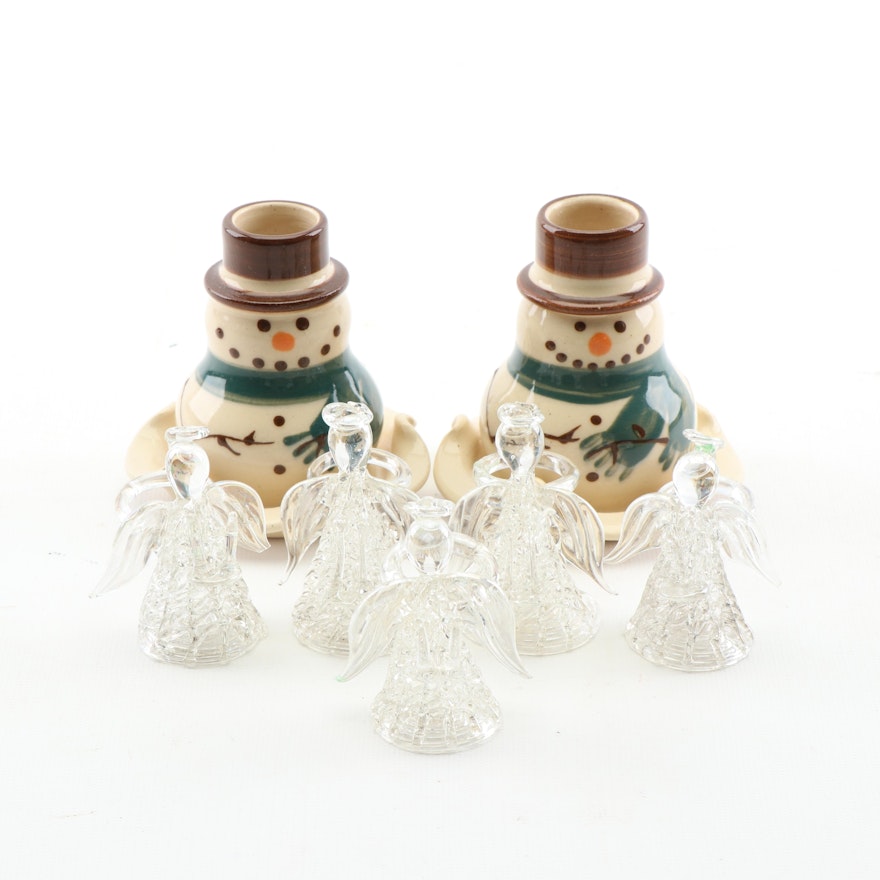 Kovack Pottery Snowman Candle Holders and Glass Angel Taper Holders