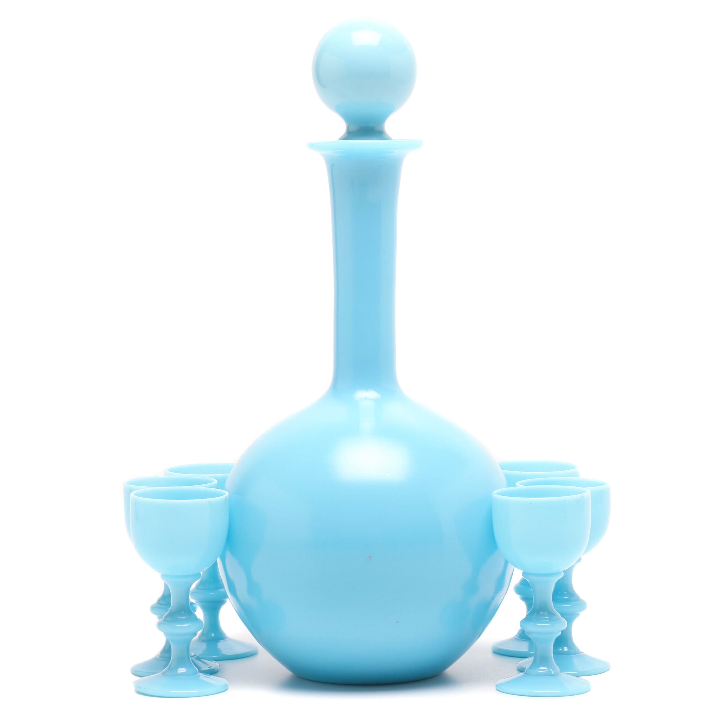 French Portieux Vallerysthal Blue Opaline Blown Glassware Decanter with Cordials