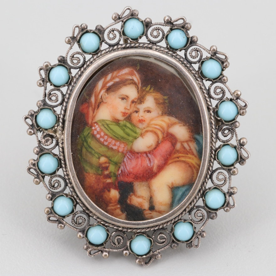 Vintage 800 Silver Turquoise Miniature Portrait Converter Brooch