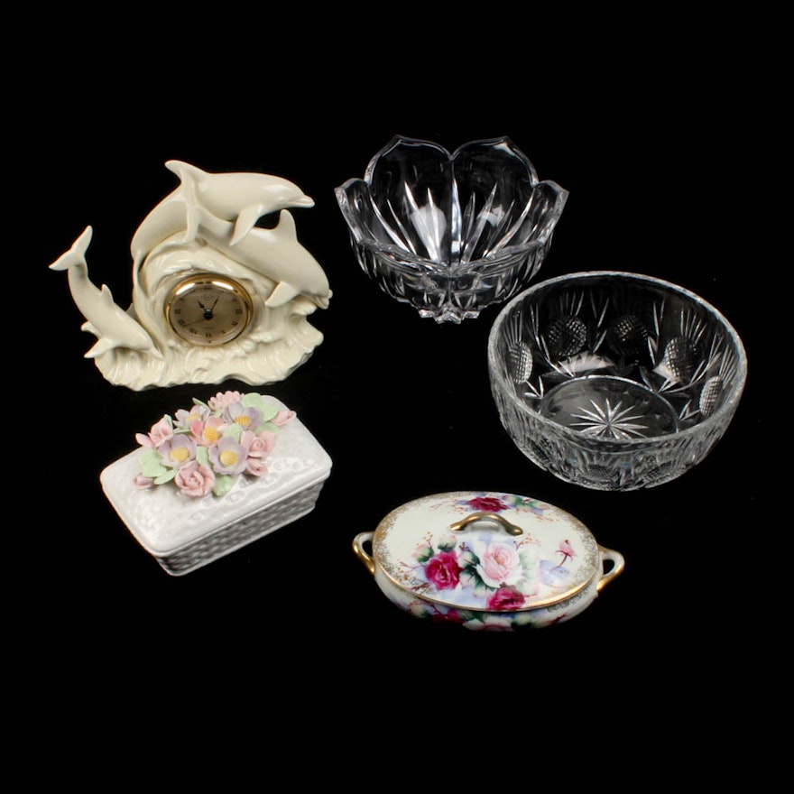 Crystal Bowls, Porcelain Lidded Boxes and Lenox "Dolphin" Clock