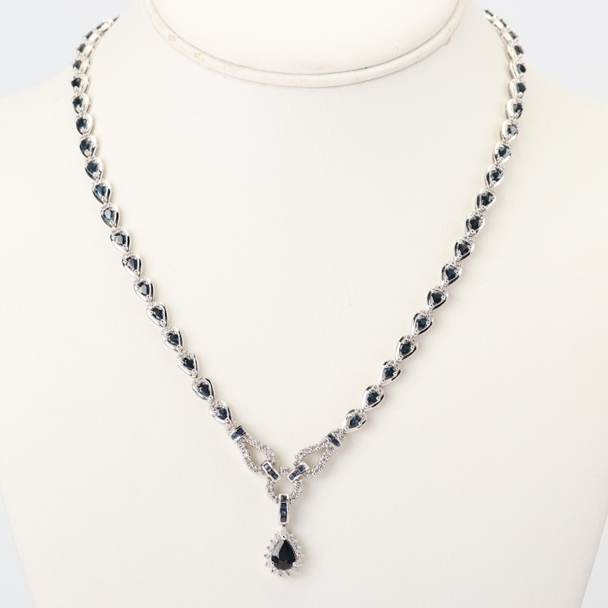 14K White Gold 13.44 CTW Sapphire and 1.40 CTW Diamond Necklace