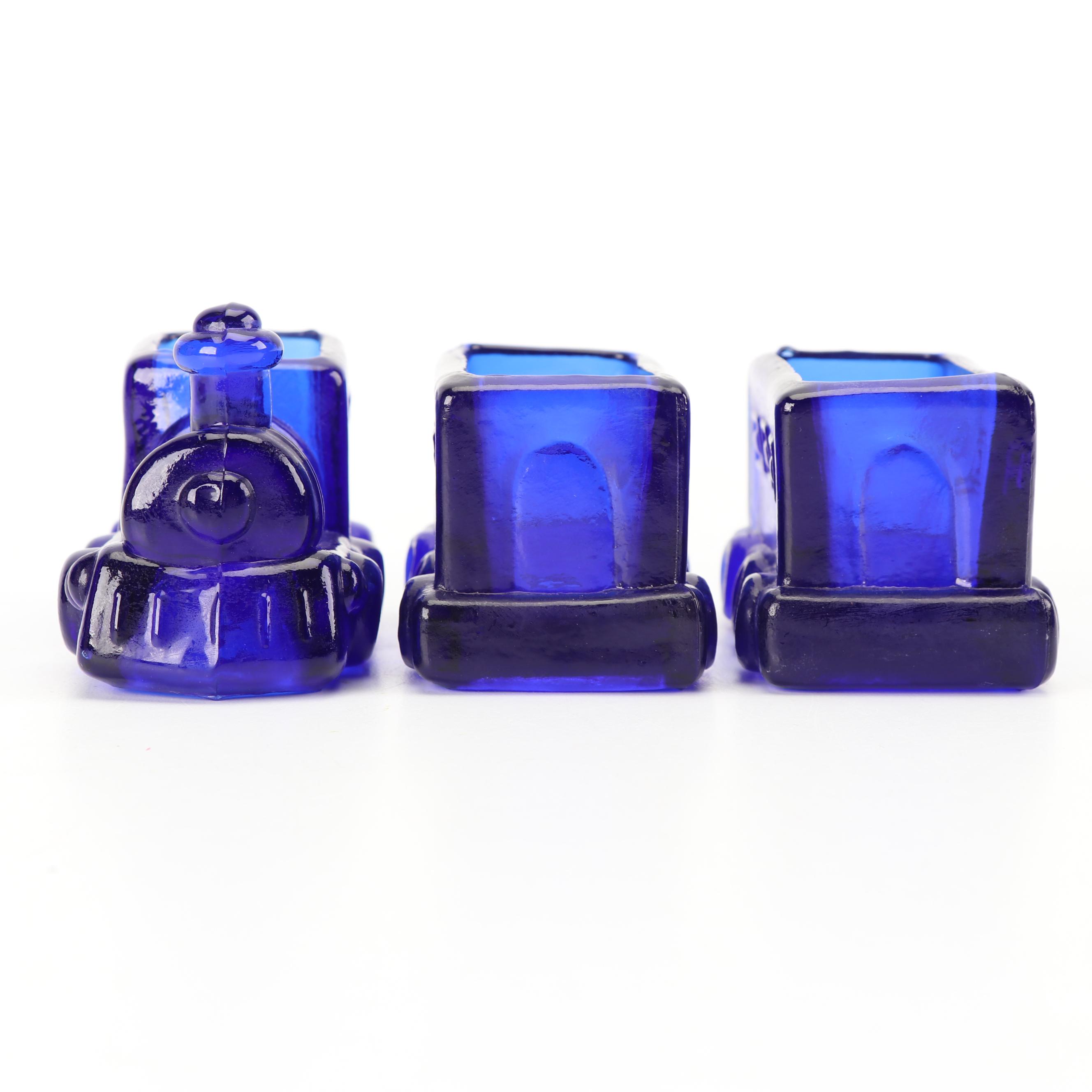 Cobalt Glass "Remember the Maine" Butter Dish and Train Candy Dishes