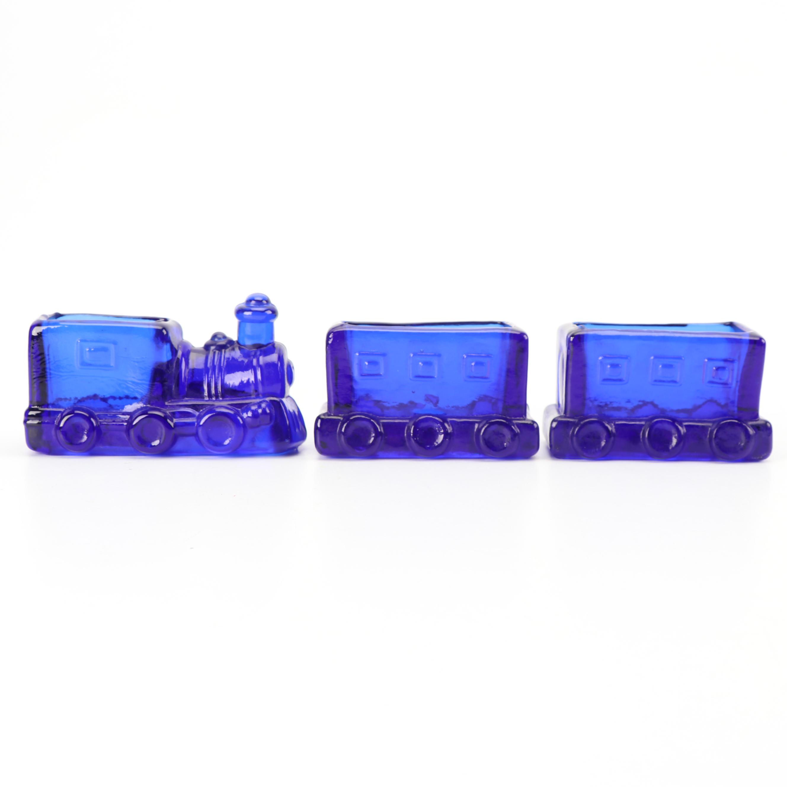 Cobalt Glass "Remember the Maine" Butter Dish and Train Candy Dishes