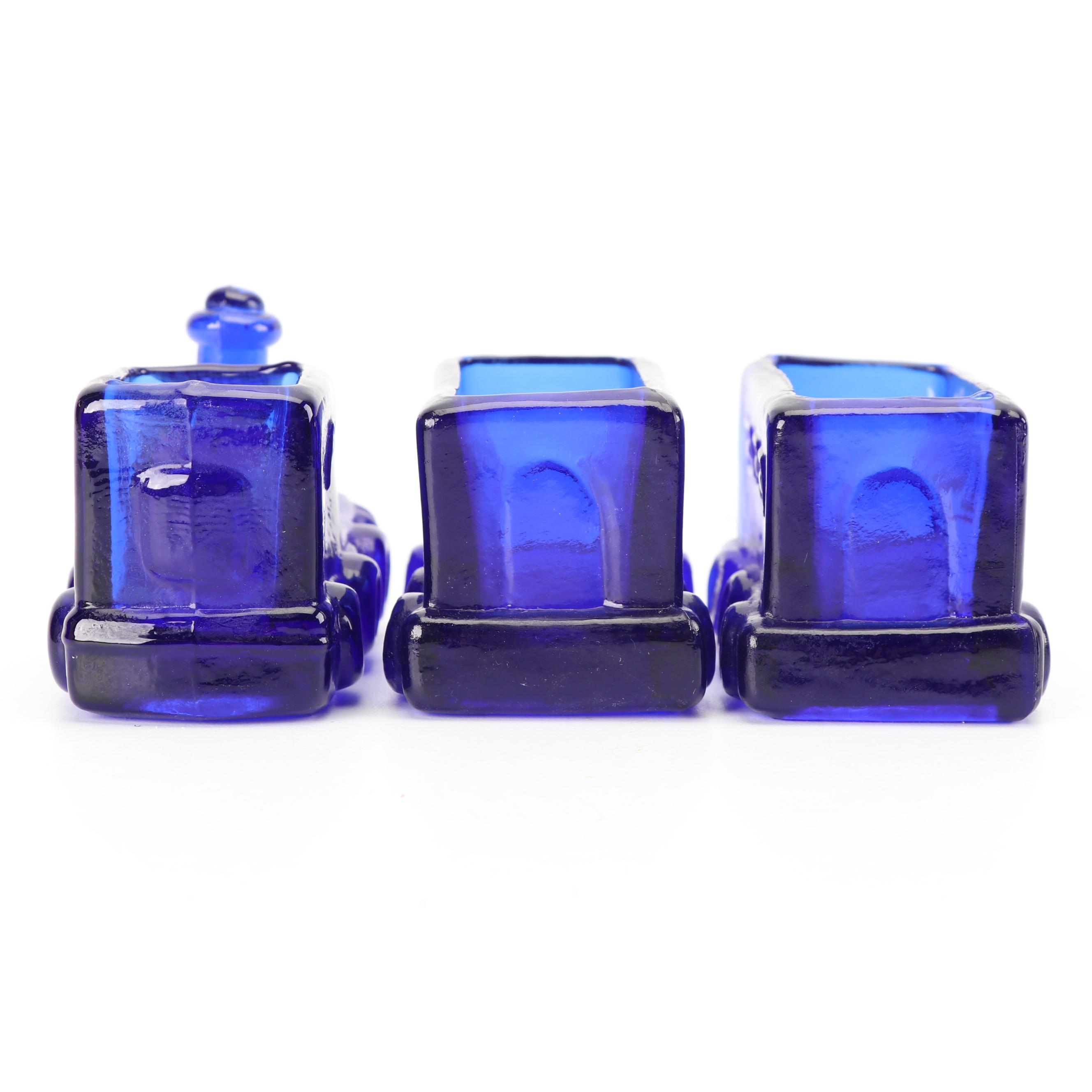 Cobalt Glass "Remember the Maine" Butter Dish and Train Candy Dishes