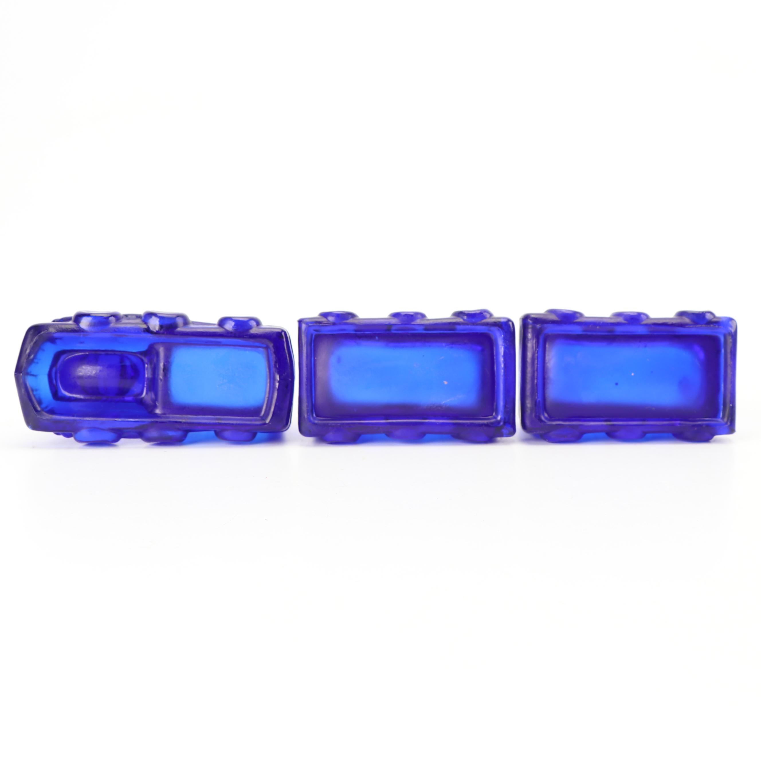 Cobalt Glass "Remember the Maine" Butter Dish and Train Candy Dishes