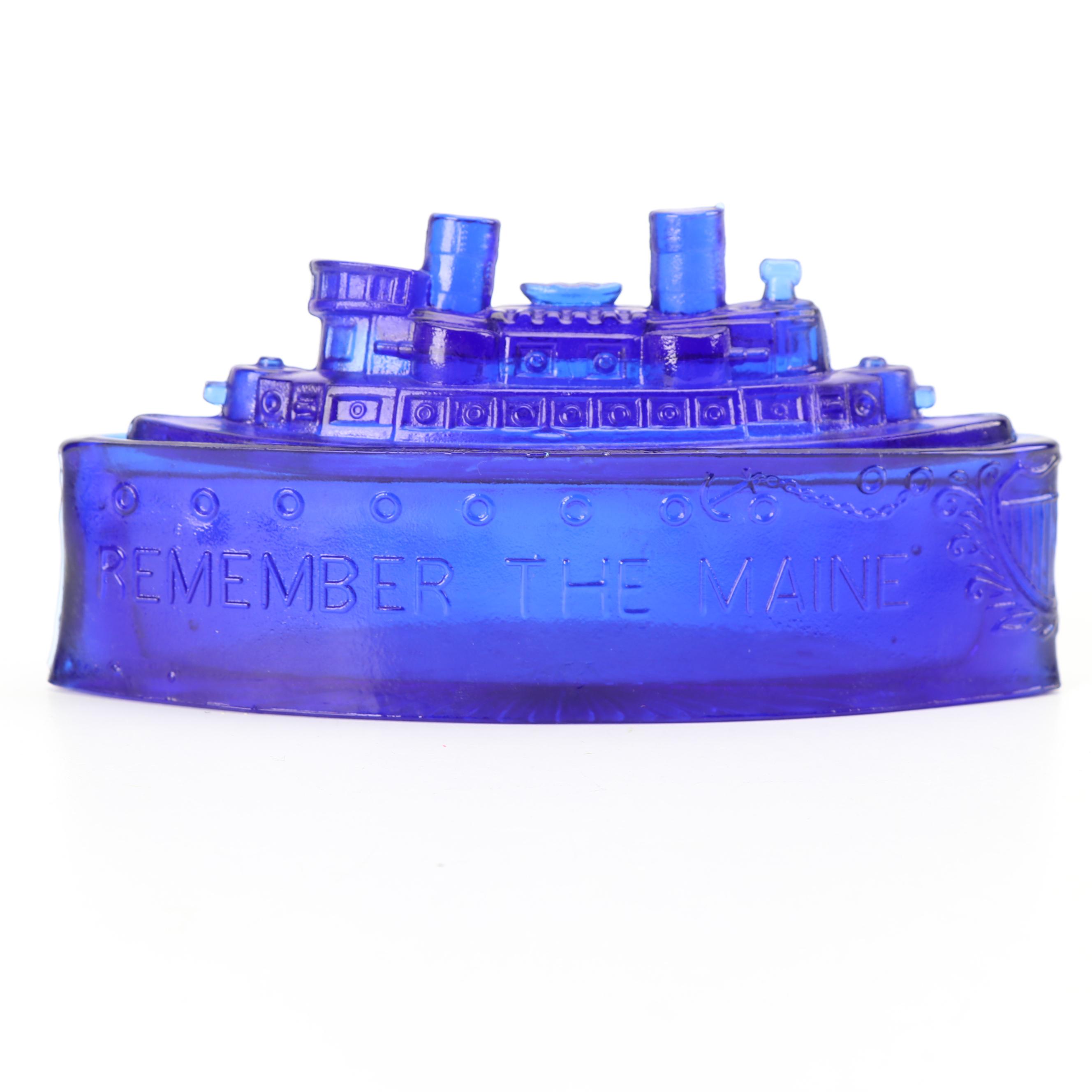 Cobalt Glass "Remember the Maine" Butter Dish and Train Candy Dishes