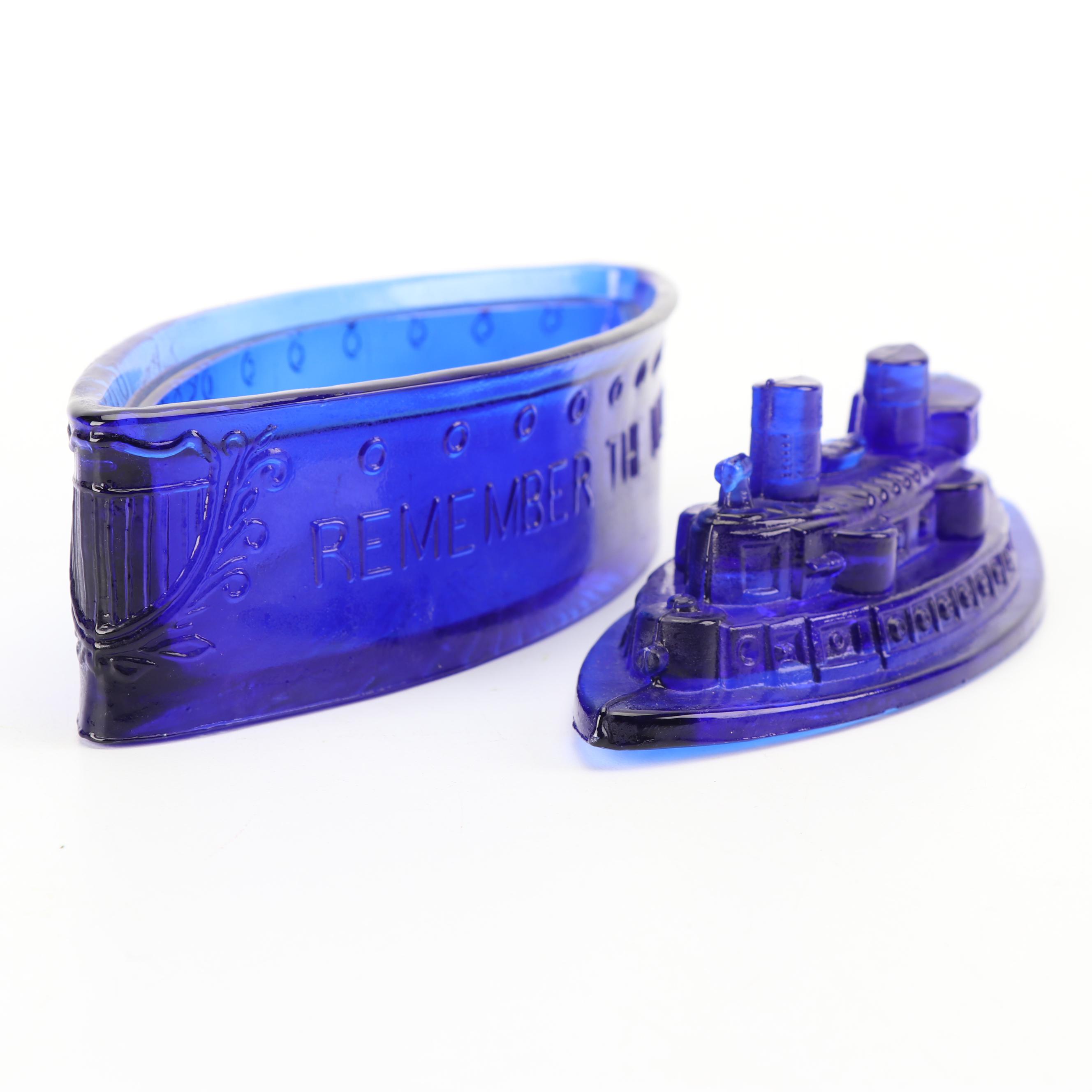 Cobalt Glass "Remember the Maine" Butter Dish and Train Candy Dishes