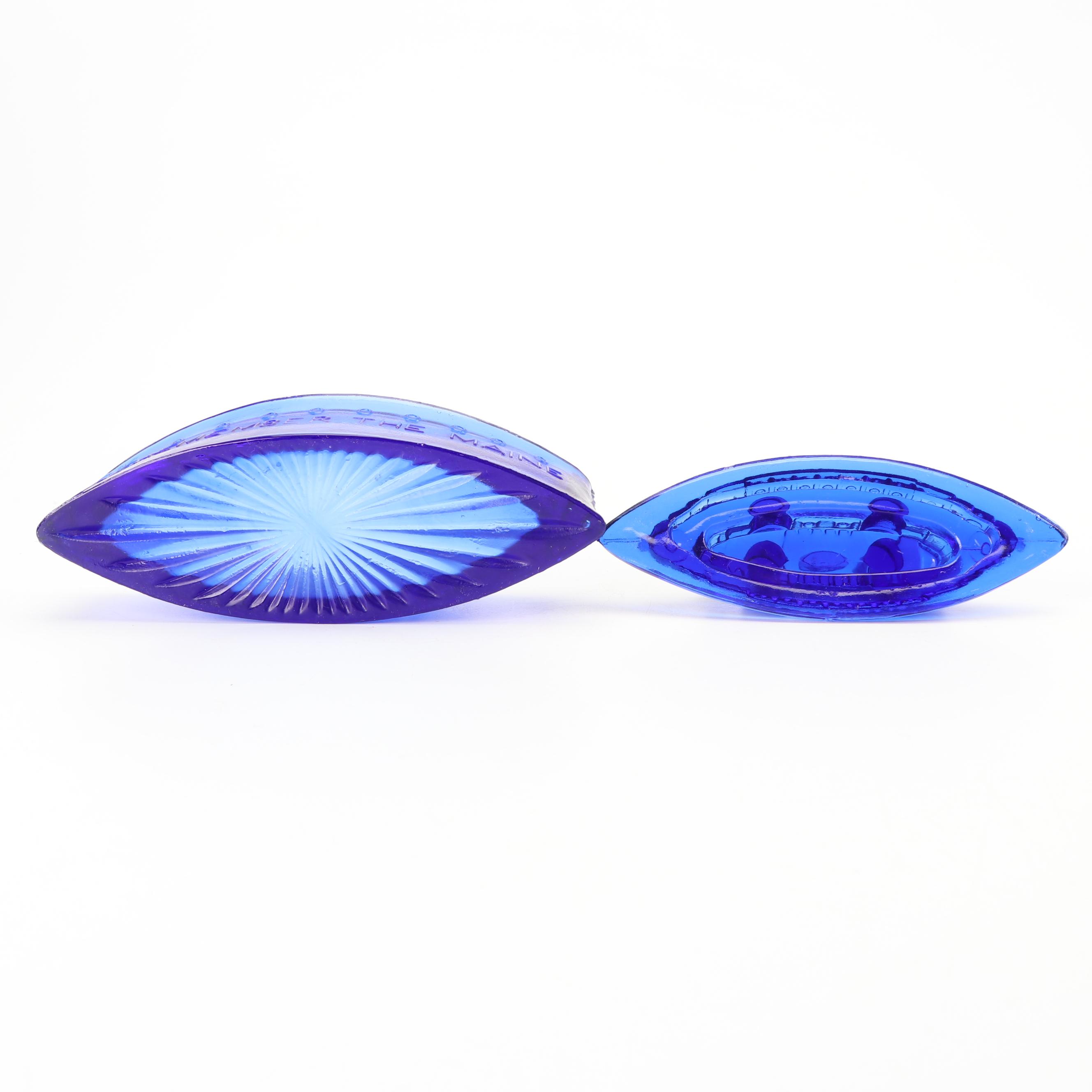 Cobalt Glass "Remember the Maine" Butter Dish and Train Candy Dishes