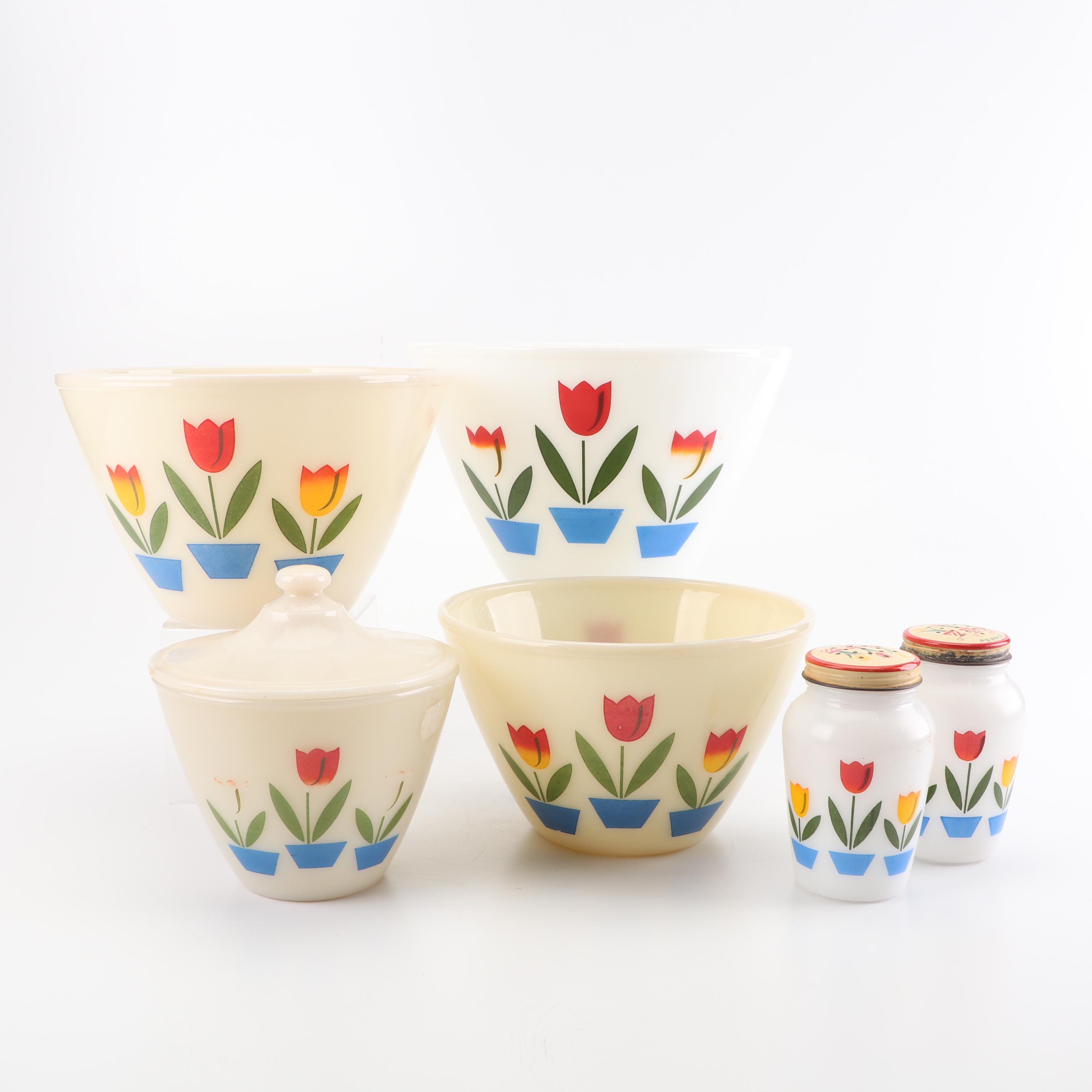 Anchor Hocking Fire-King "Tulip" Glass Mixing Bowls and Shakers