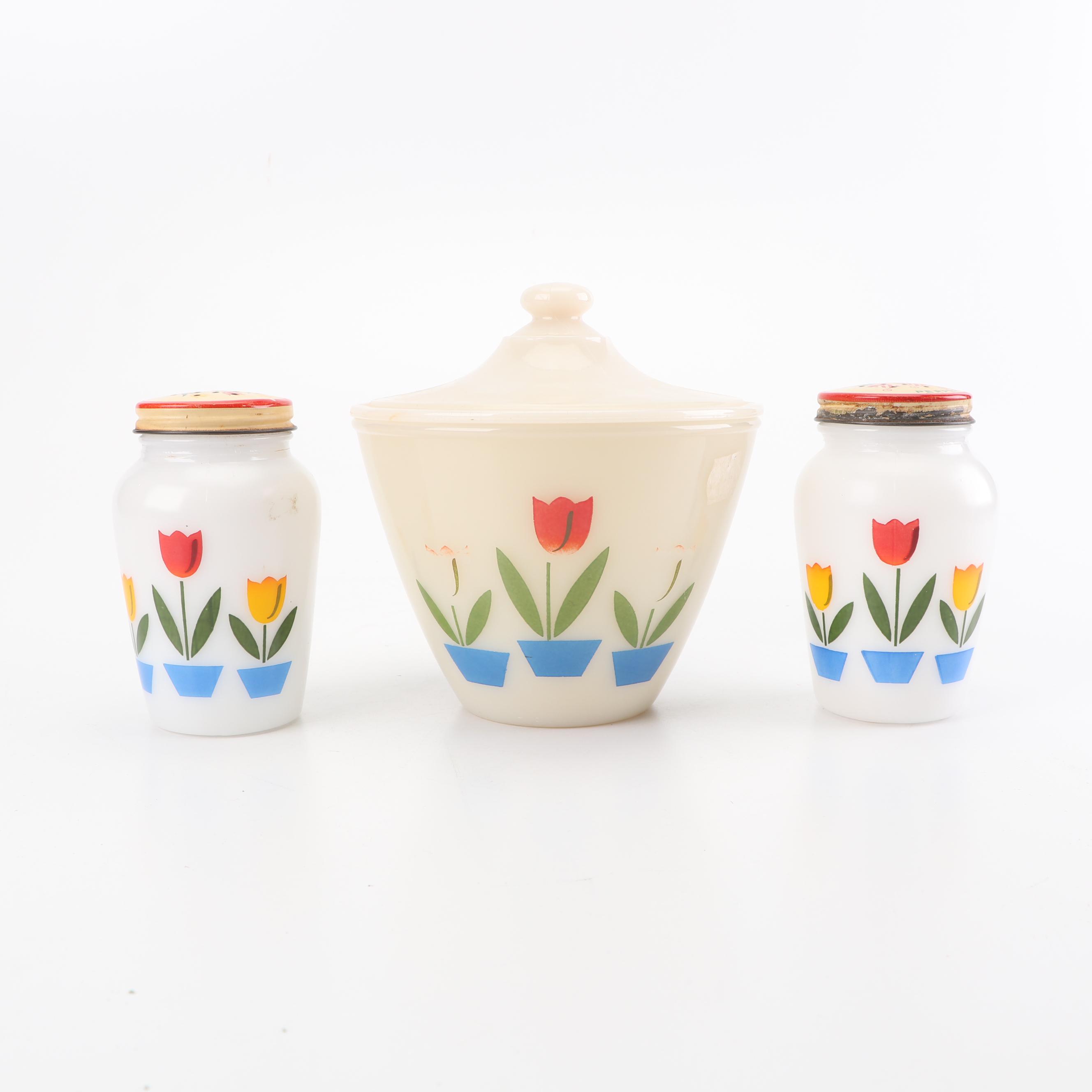 Anchor Hocking Fire-King "Tulip" Glass Mixing Bowls and Shakers