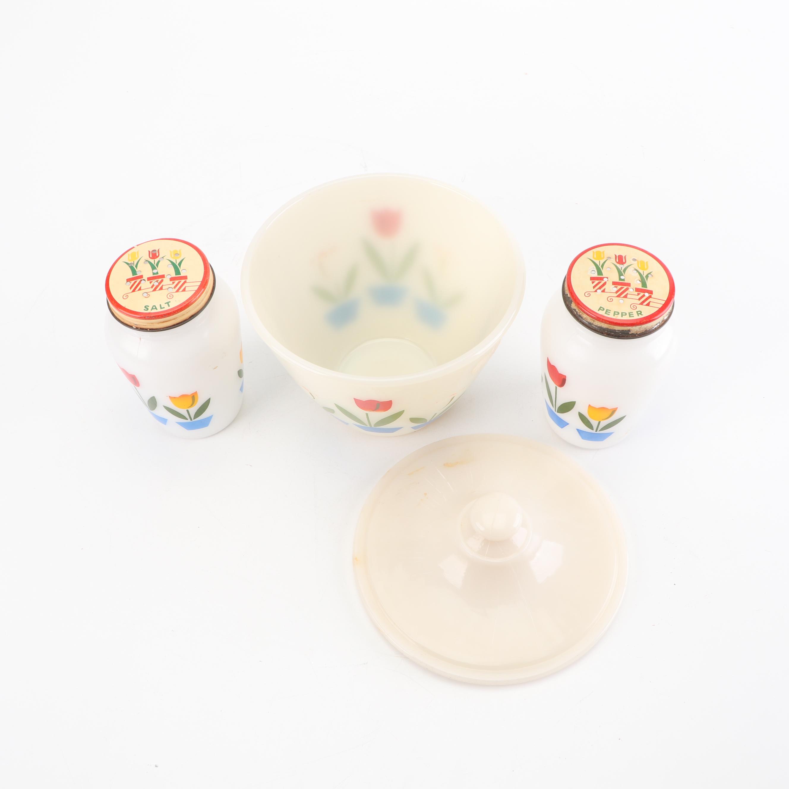 Anchor Hocking Fire-King "Tulip" Glass Mixing Bowls and Shakers