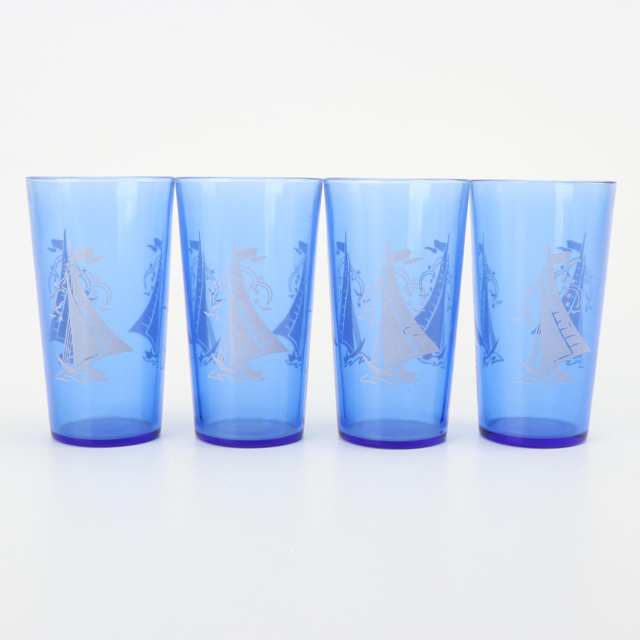 Vintage Sailboat and Swirled Motif Cobalt Glass Tumblers featuring Hazel-Atlas