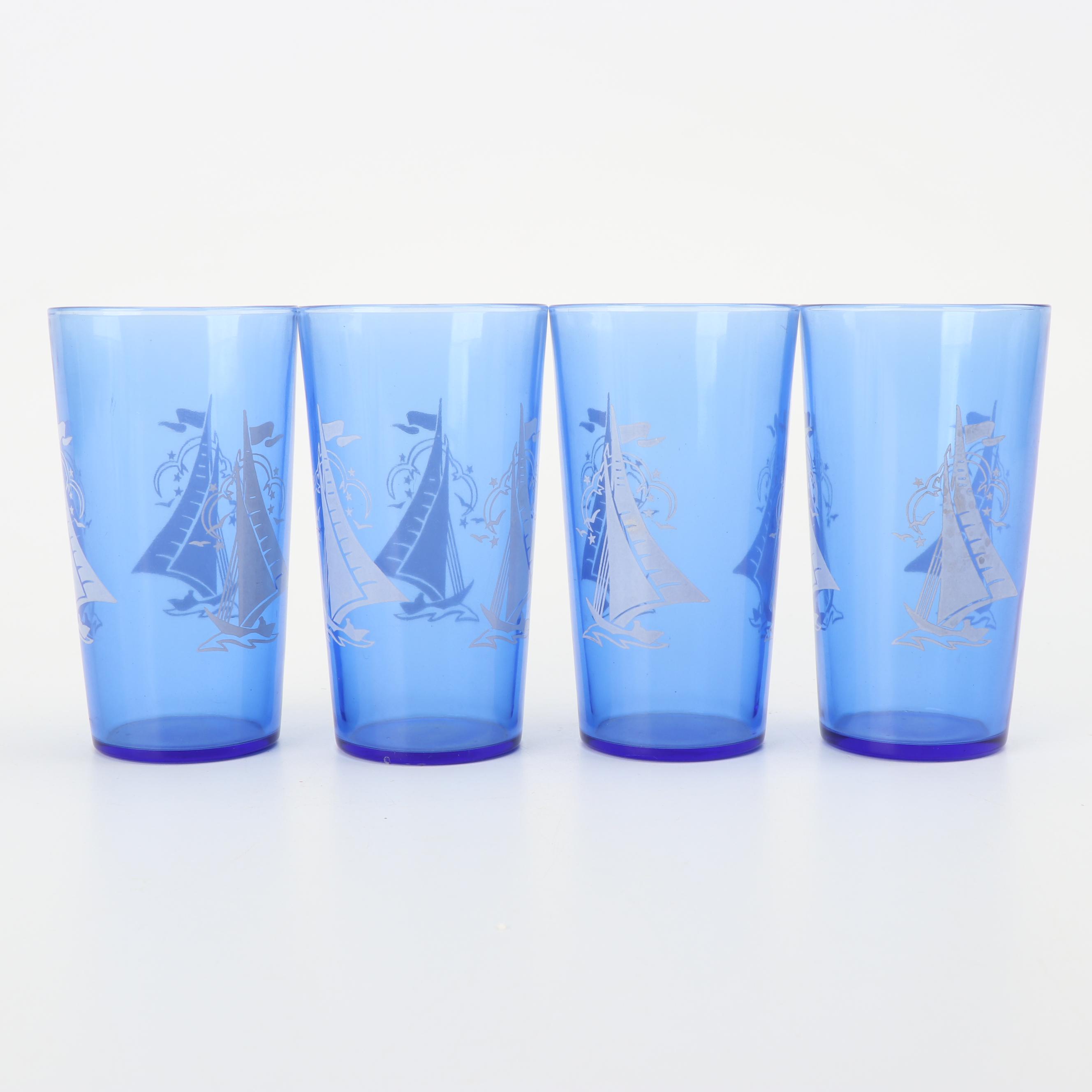 Vintage Sailboat and Swirled Motif Cobalt Glass Tumblers featuring Hazel-Atlas
