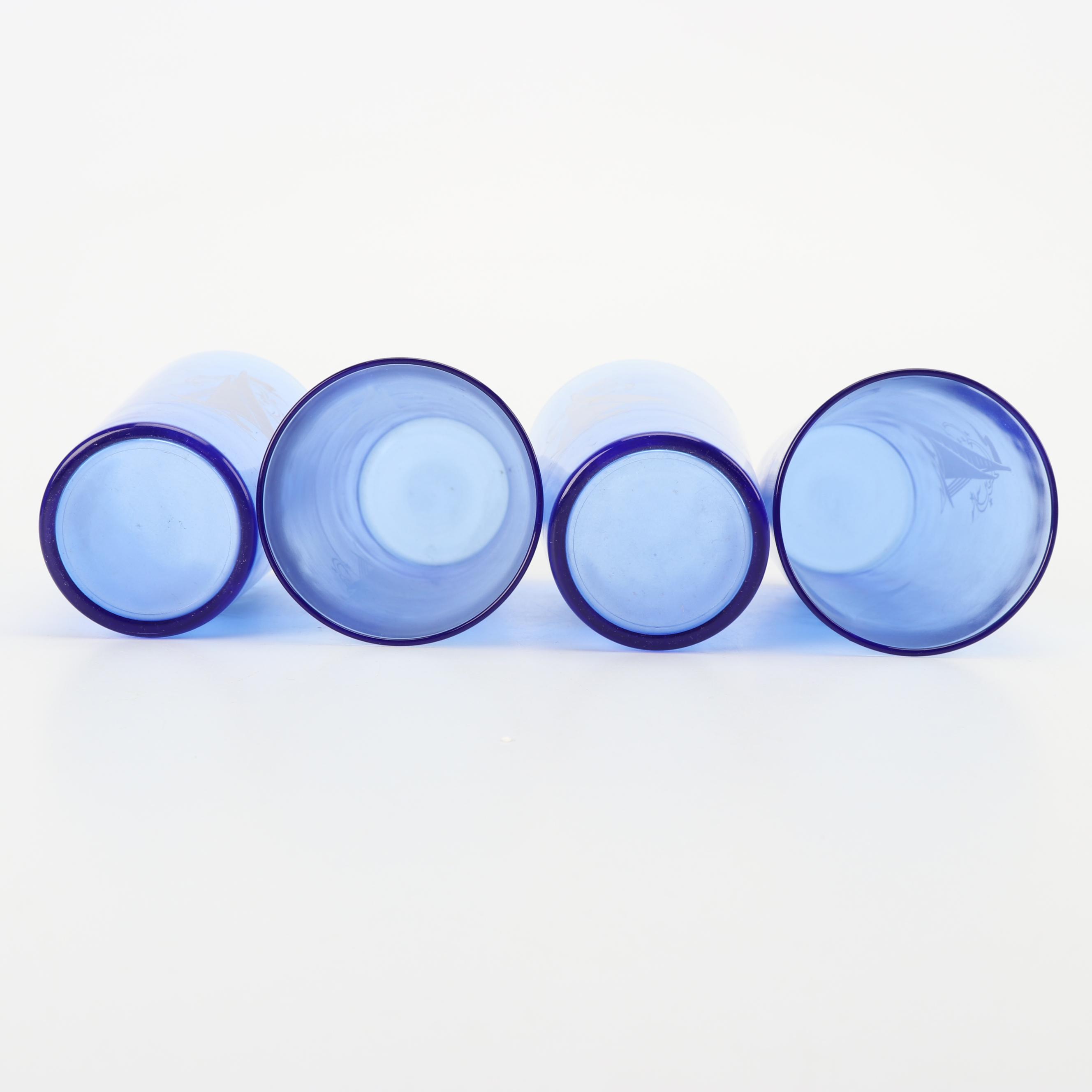 Vintage Sailboat and Swirled Motif Cobalt Glass Tumblers featuring Hazel-Atlas