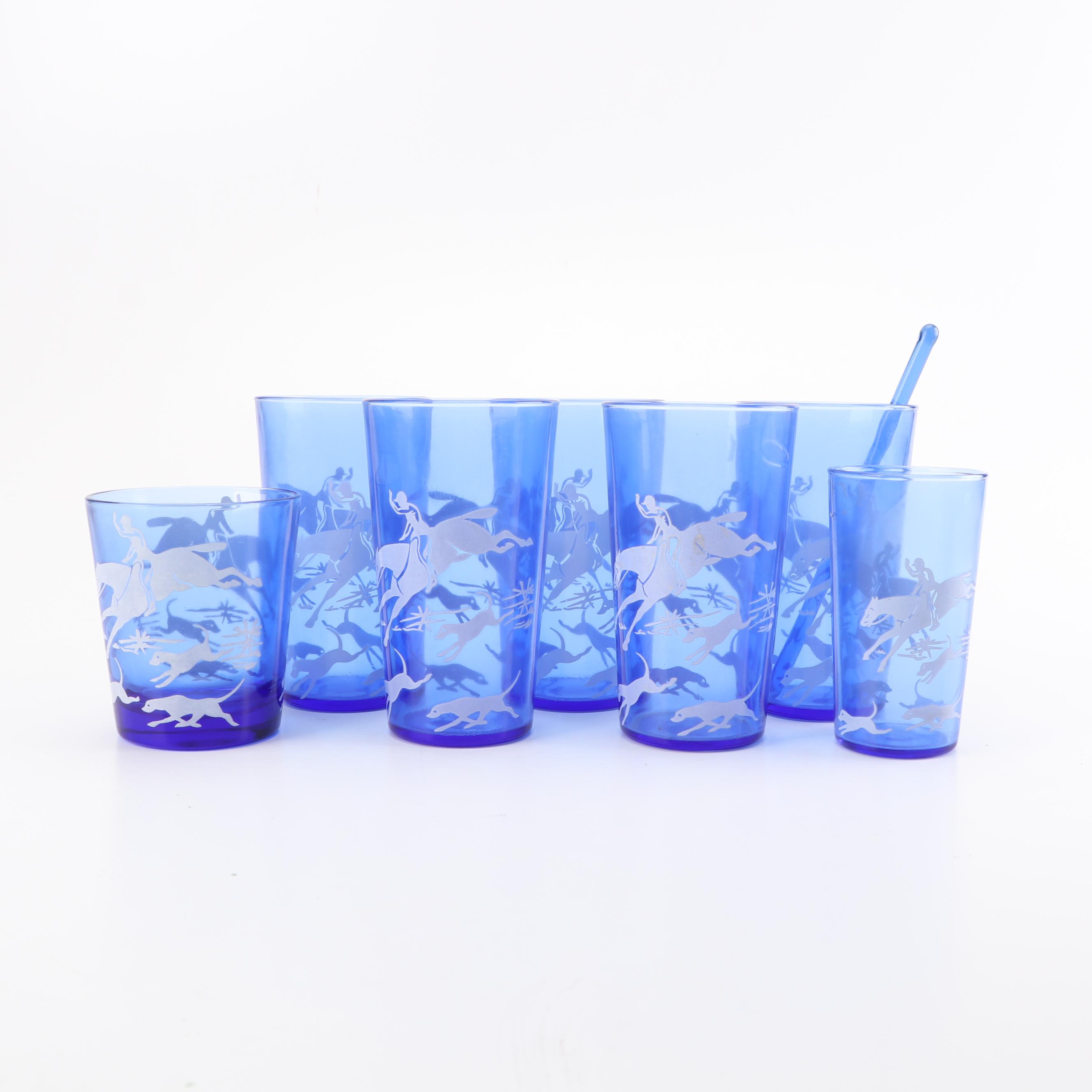 Vintage Hazel-Atlas "Hunt Scene" Cobalt Tumblers and Shakers
