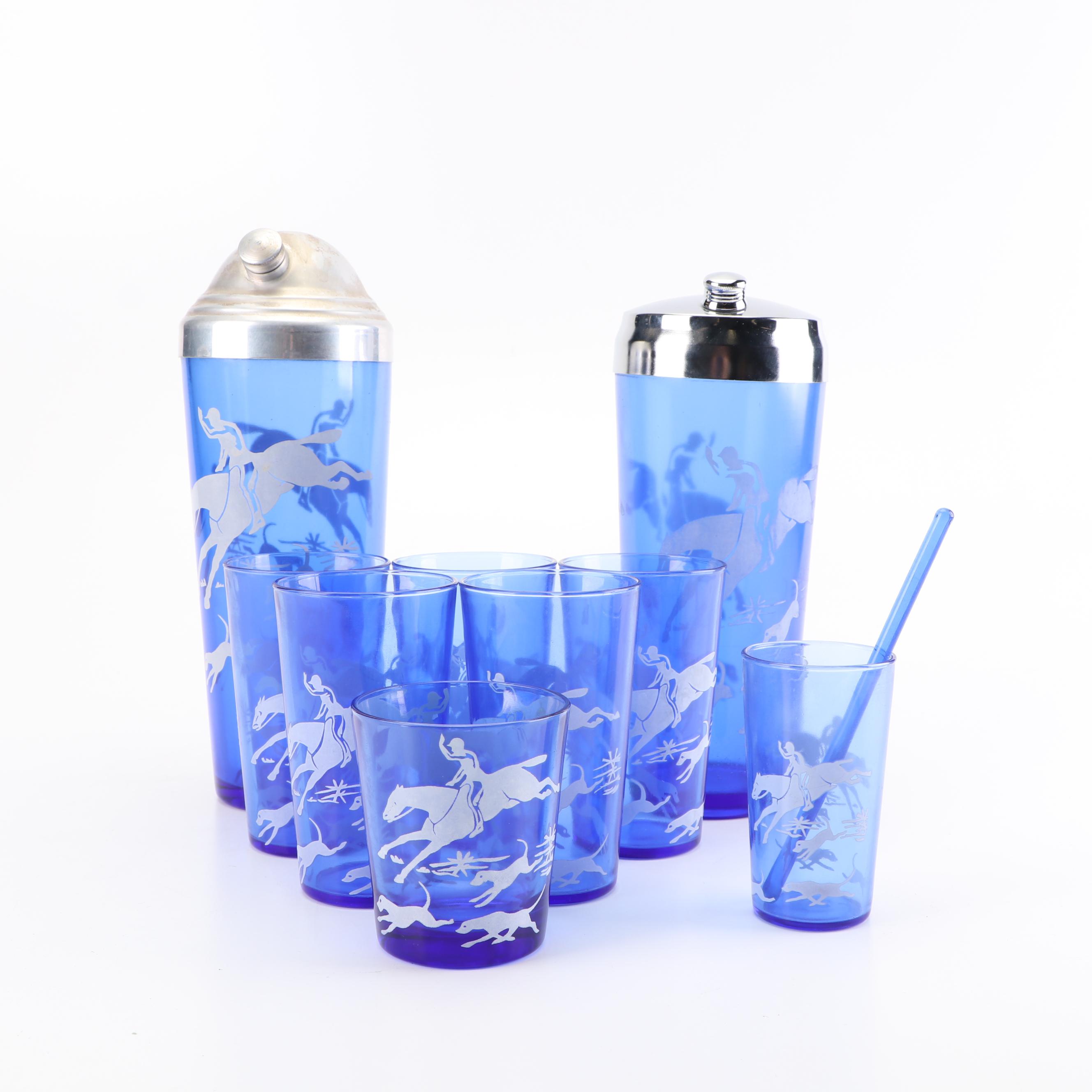 Vintage Hazel-Atlas "Hunt Scene" Cobalt Tumblers and Shakers