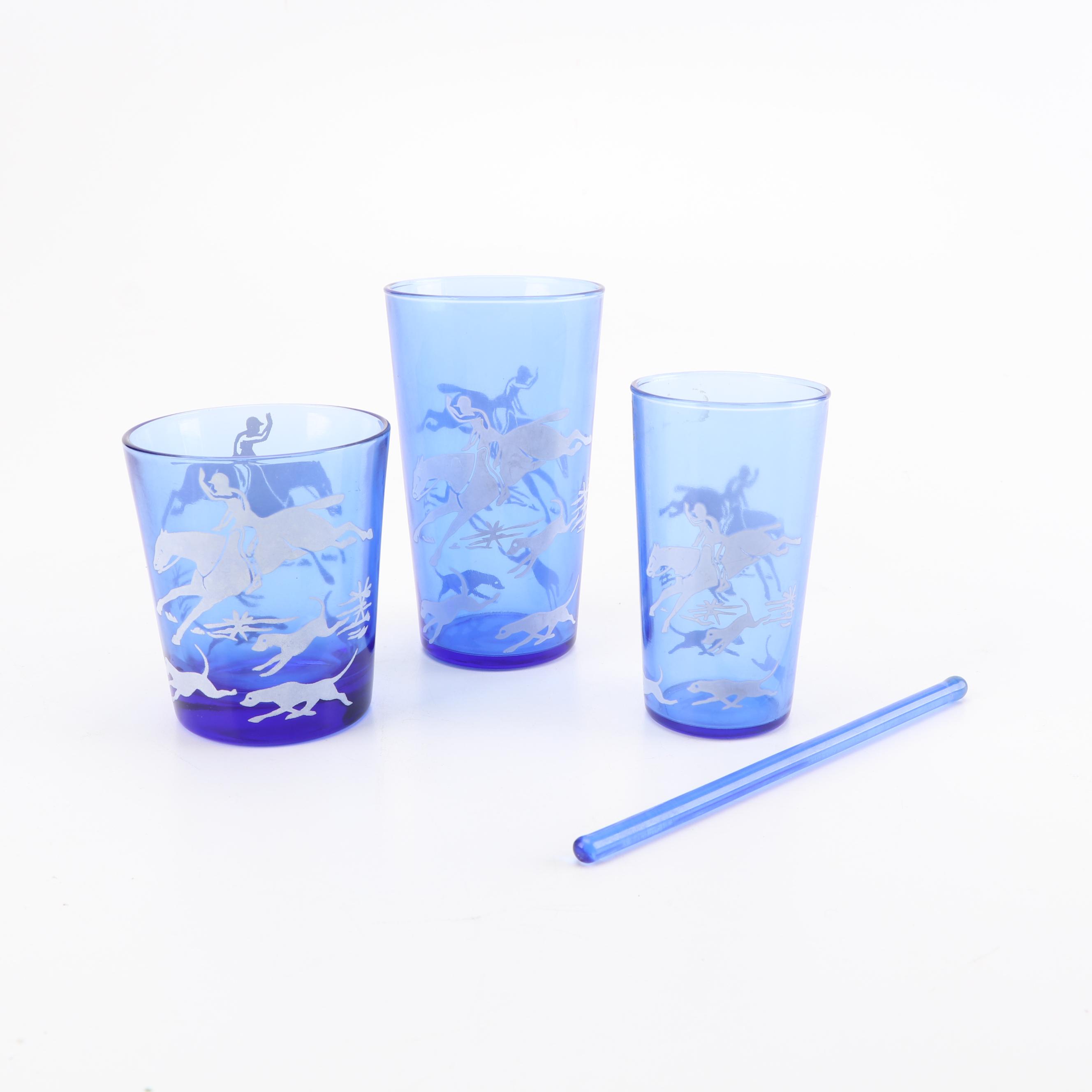 Vintage Hazel-Atlas "Hunt Scene" Cobalt Tumblers and Shakers