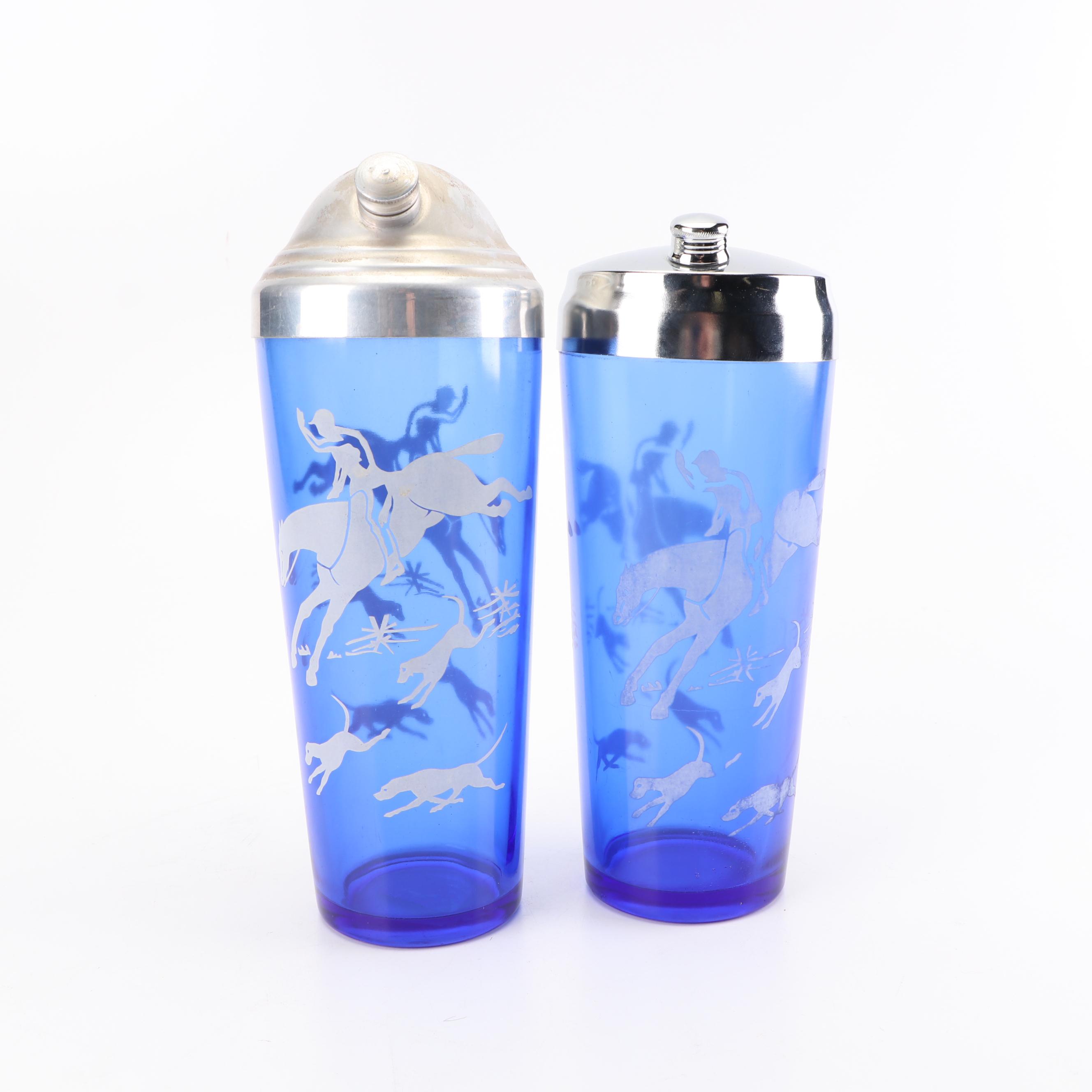 Vintage Hazel-Atlas "Hunt Scene" Cobalt Tumblers and Shakers