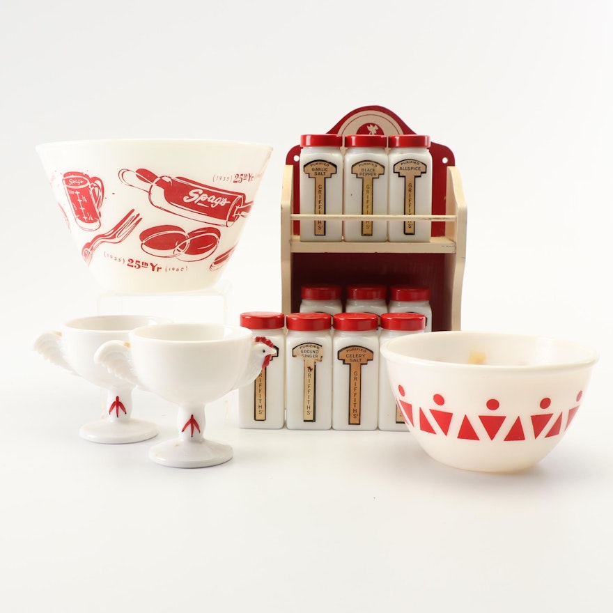 Vintage Milk Glass Custard Cups, Mixing Bowls and Spice Jars with Rack