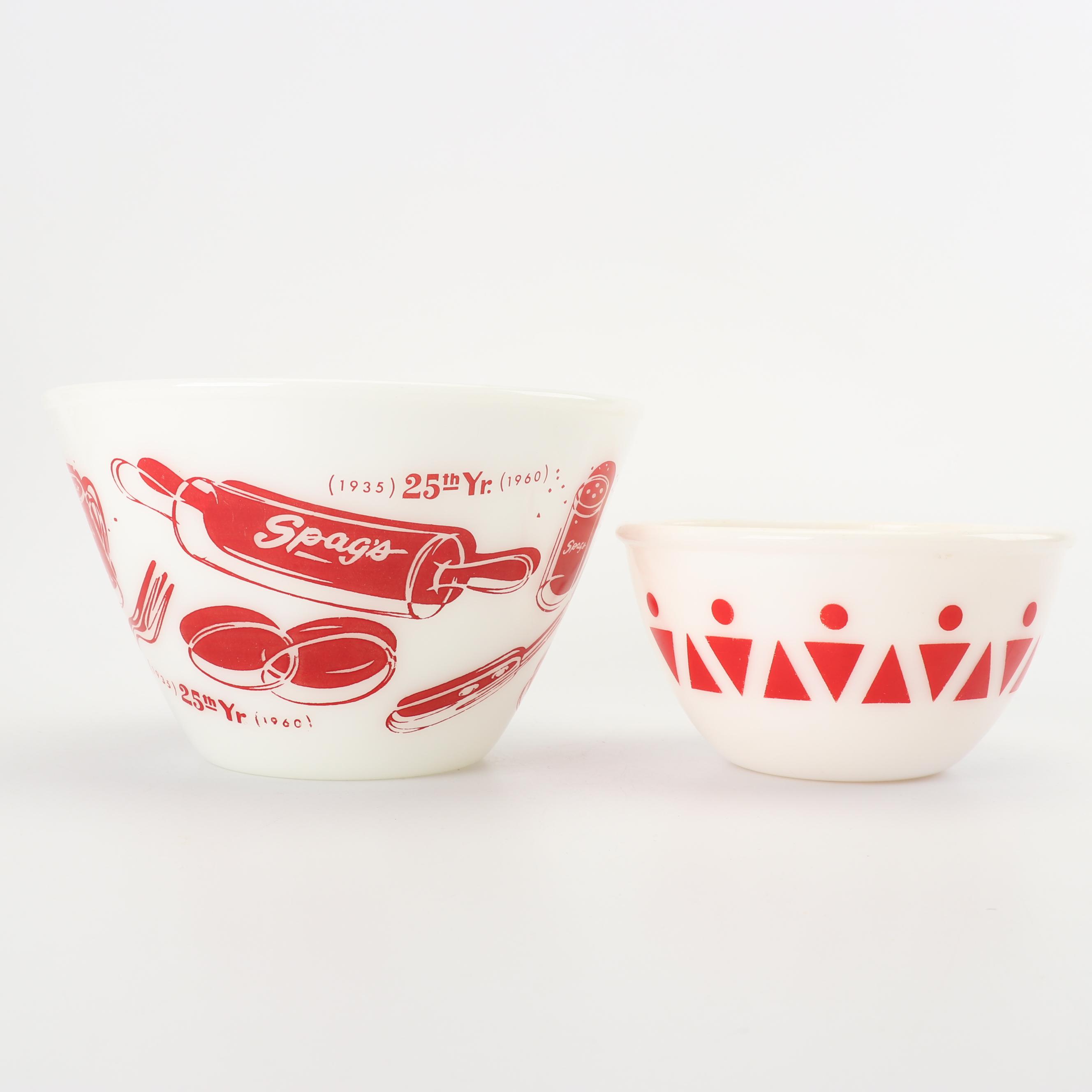 Vintage Milk Glass Custard Cups, Mixing Bowls and Spice Jars with Rack