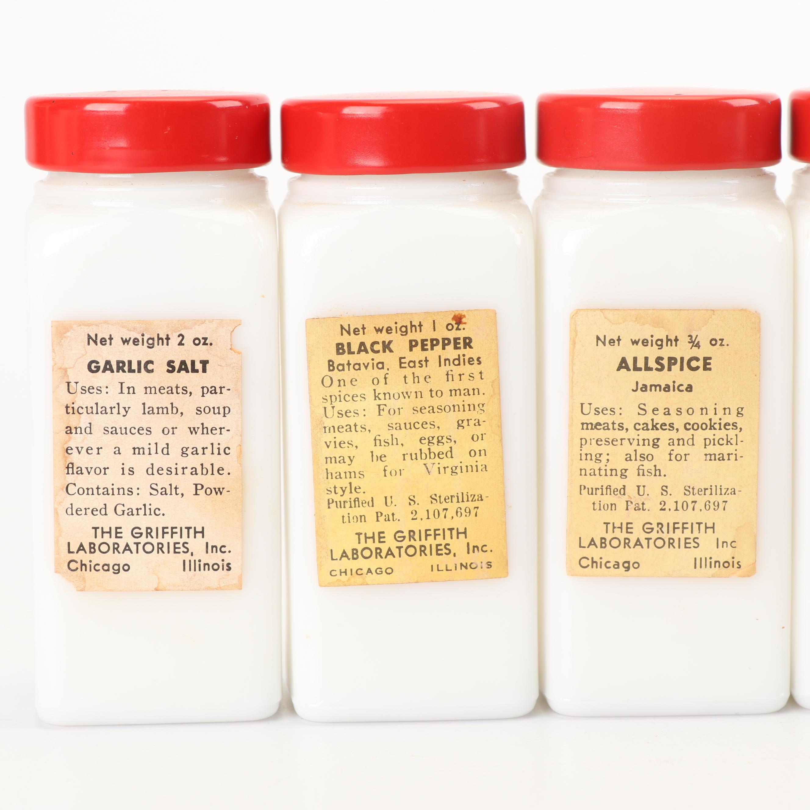 Vintage Milk Glass Custard Cups, Mixing Bowls and Spice Jars with Rack