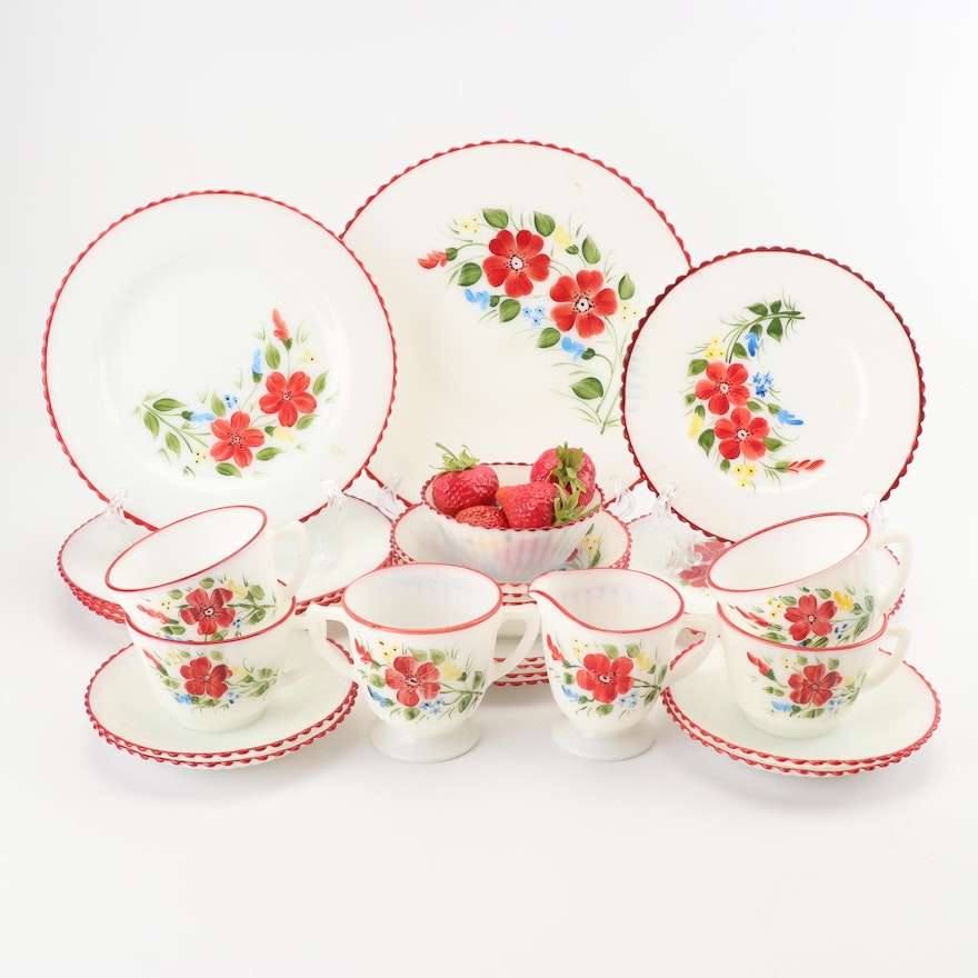 Hand-Painted Floral Motif Milk Glass Dinnerware Service for Four, 1950's