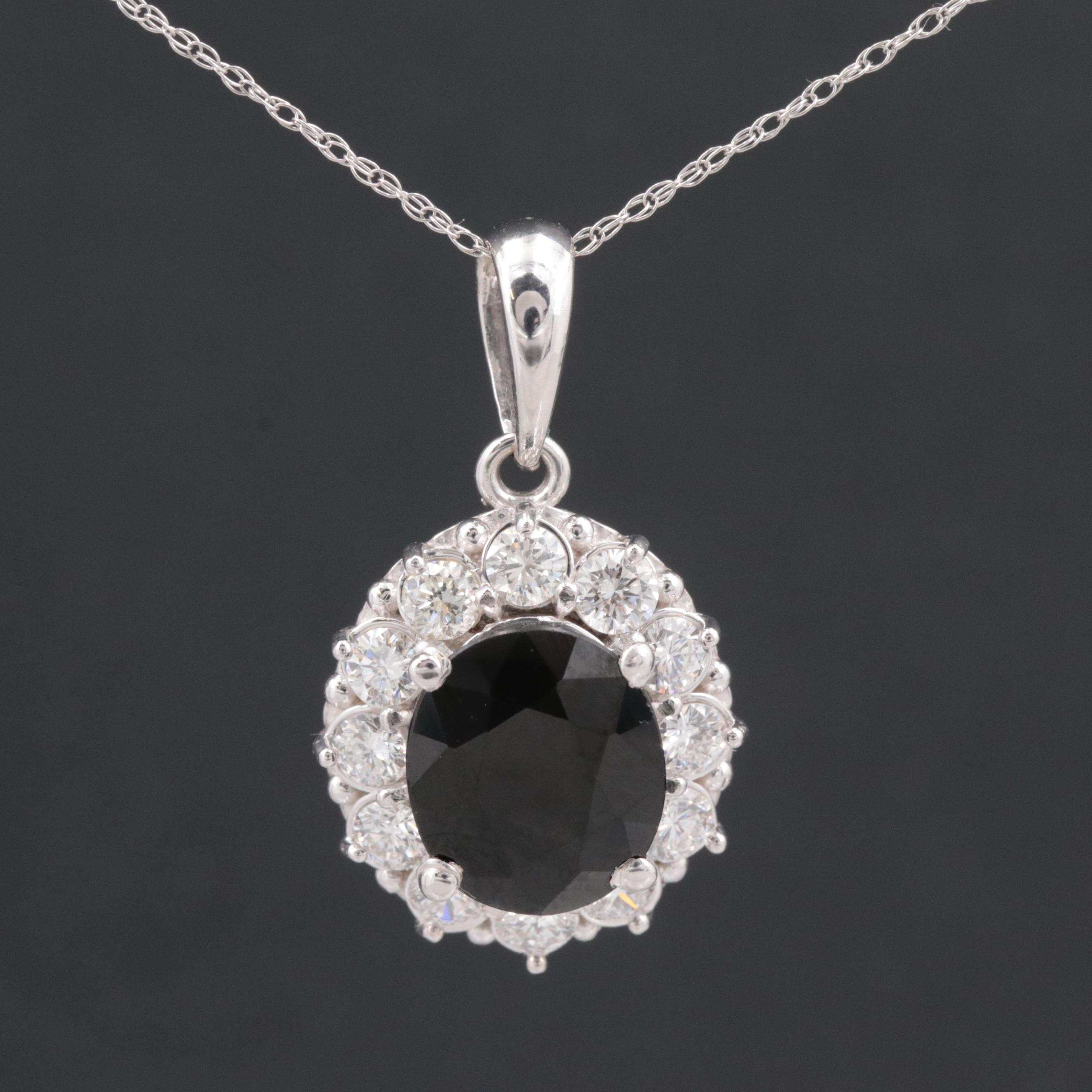14K White Gold Obsidian and Diamond Pendant Necklace