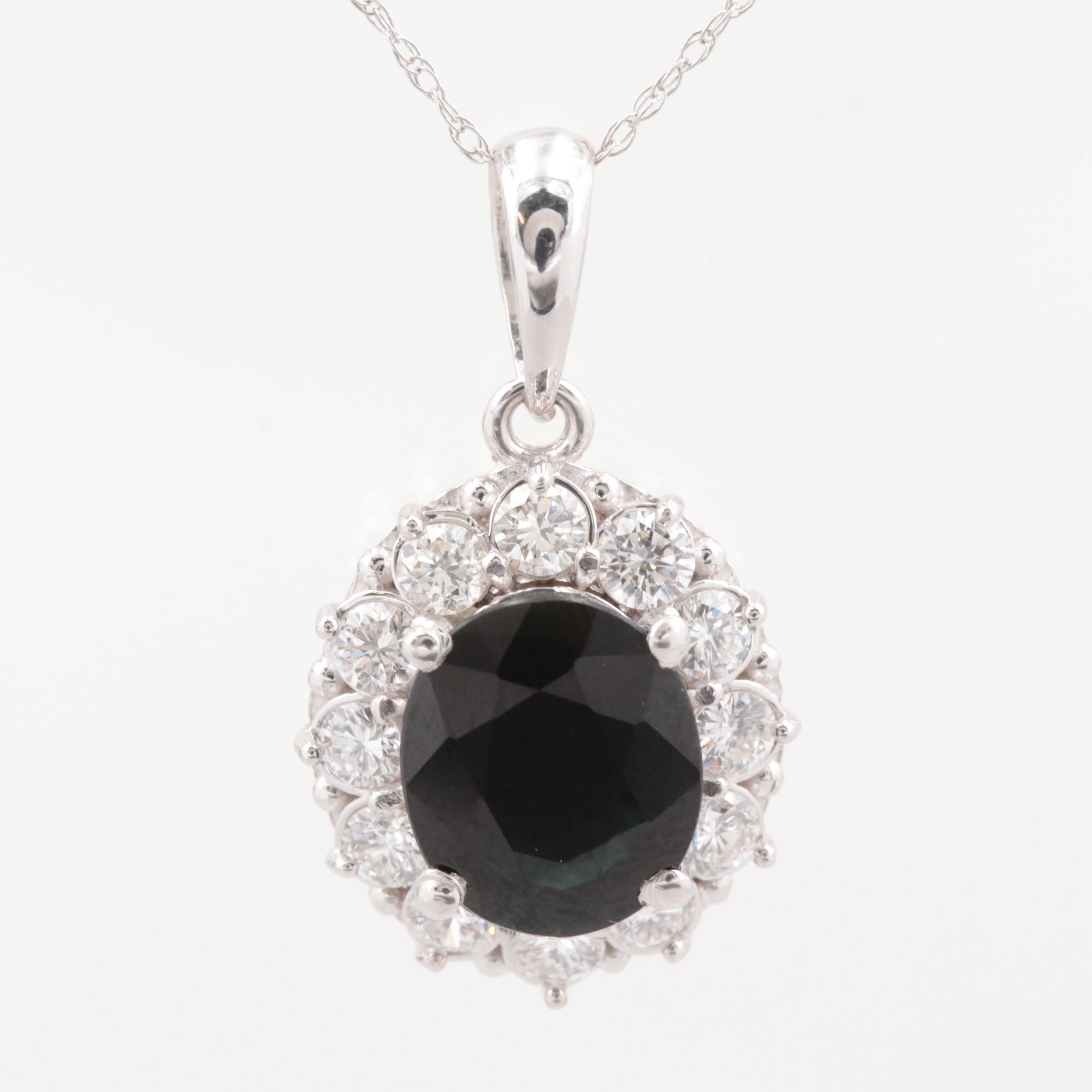 14K White Gold Obsidian and Diamond Pendant Necklace