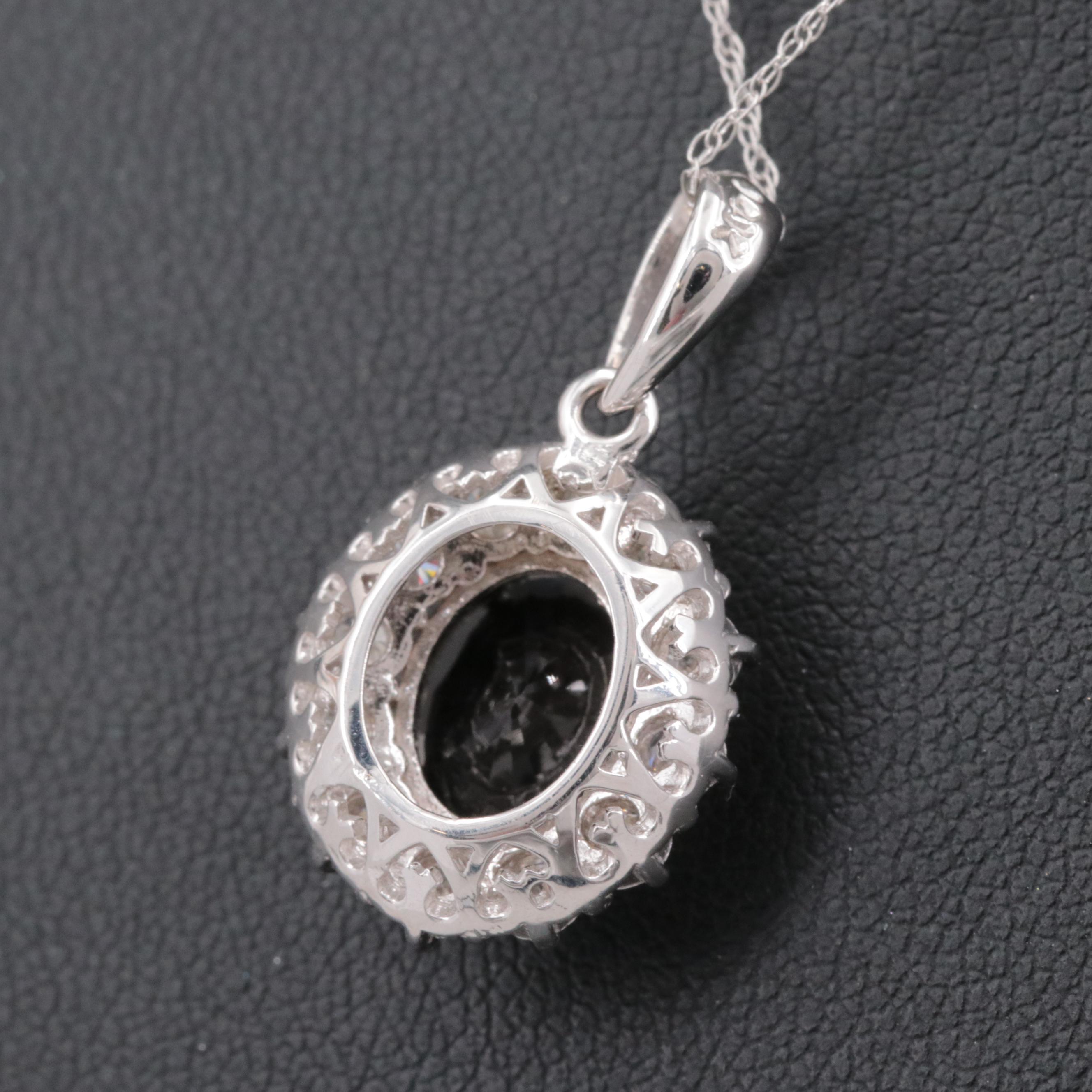 14K White Gold Obsidian and Diamond Pendant Necklace