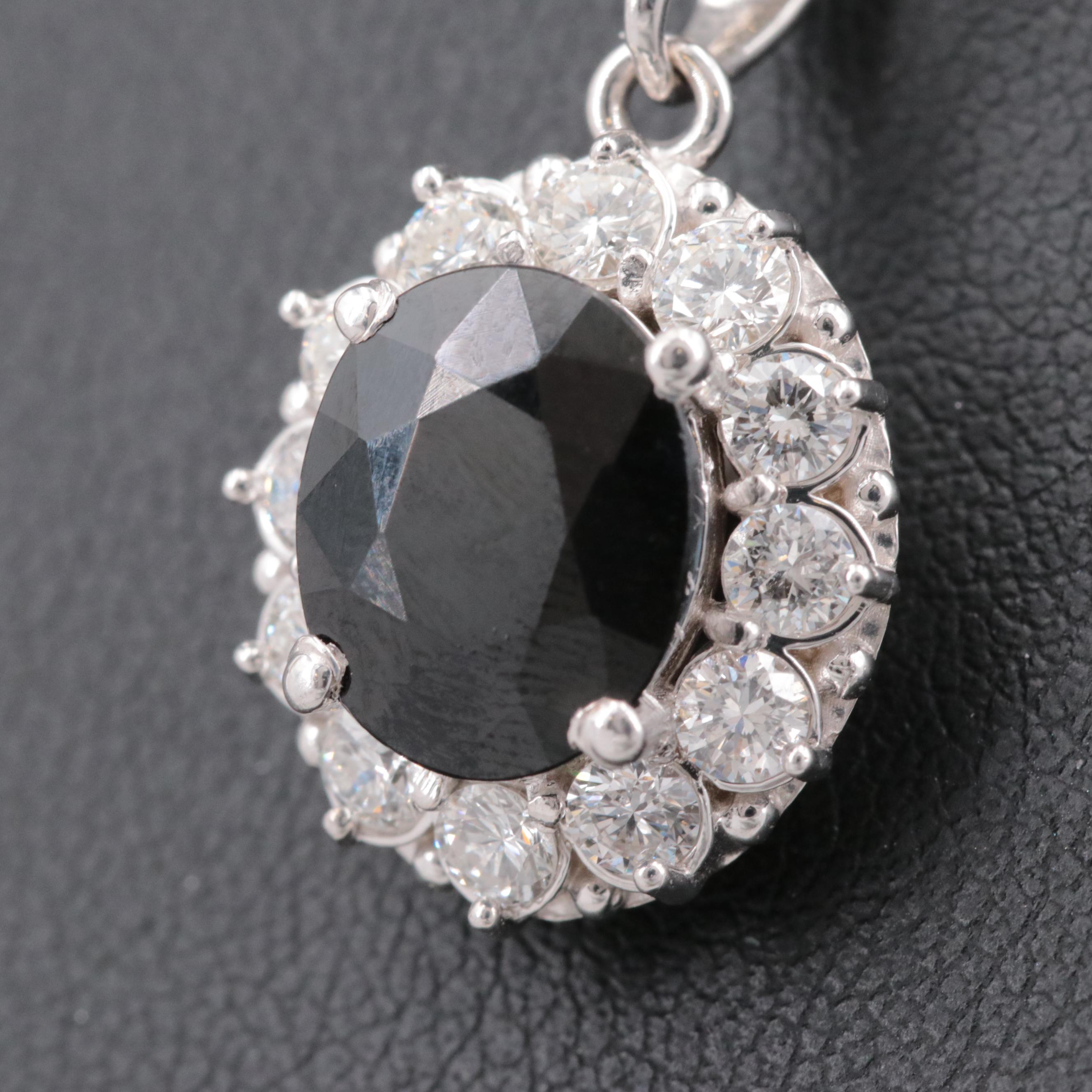 14K White Gold Obsidian and Diamond Pendant Necklace