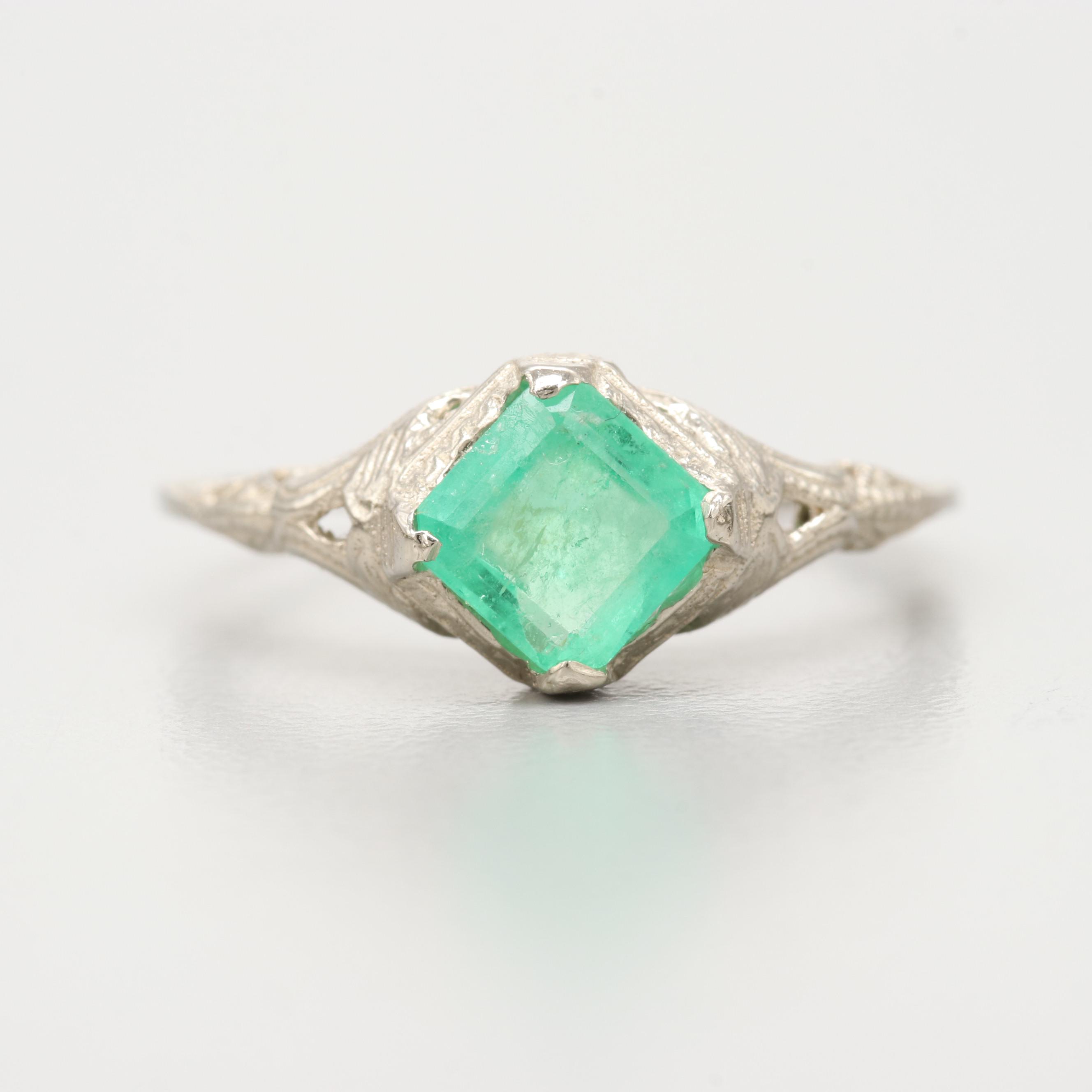 Art Deco 14K White Gold Emerald Ring