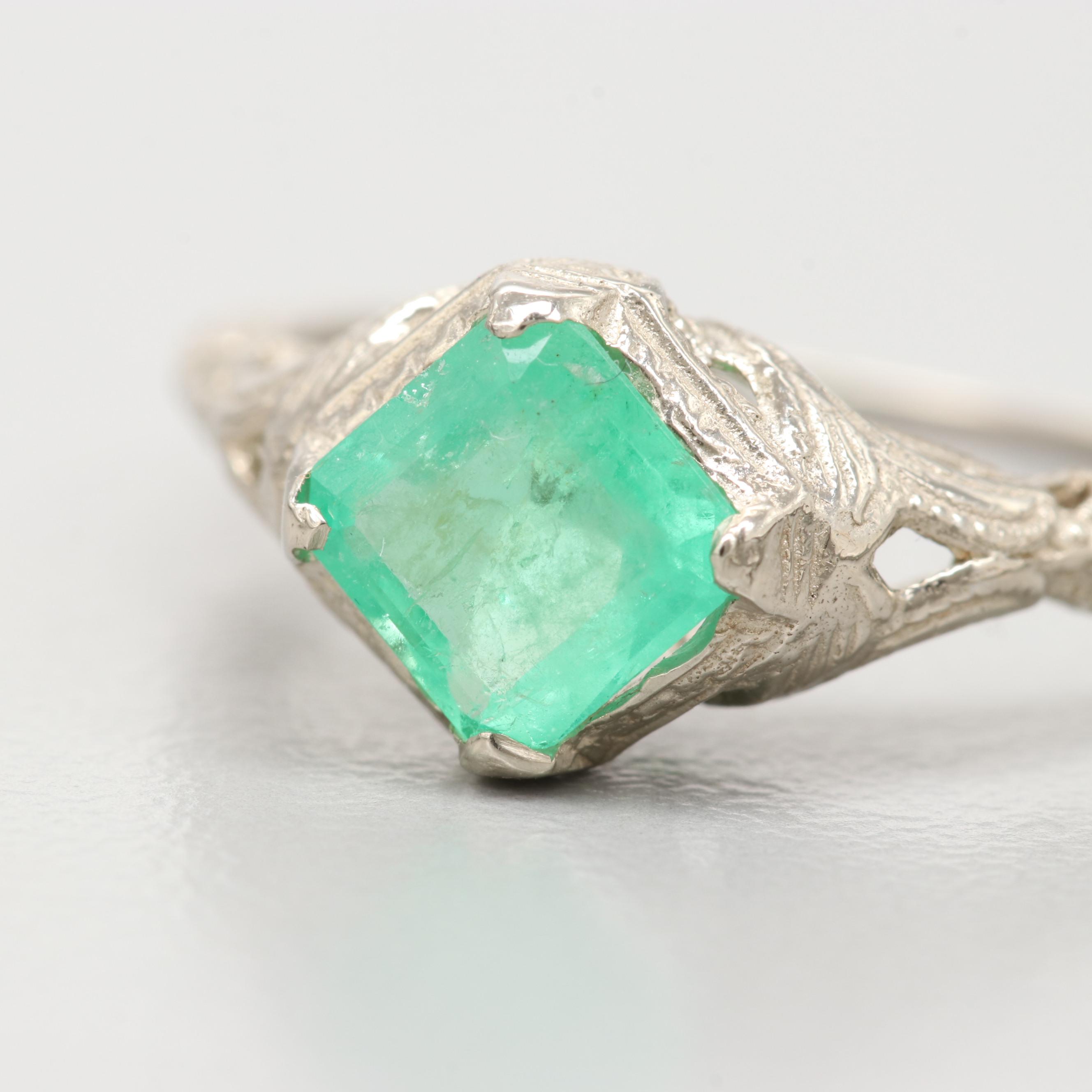 Art Deco 14K White Gold Emerald Ring
