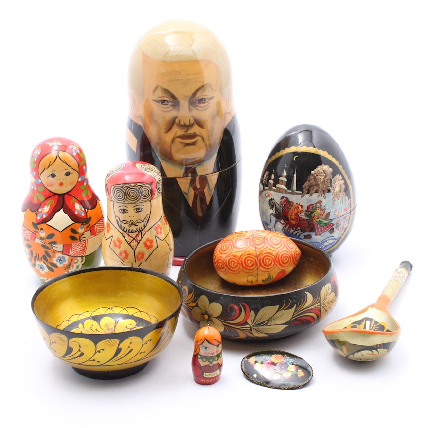 Hand-Painted Russian Matryoshka Dolls, Serveware, Eggs and Brooch