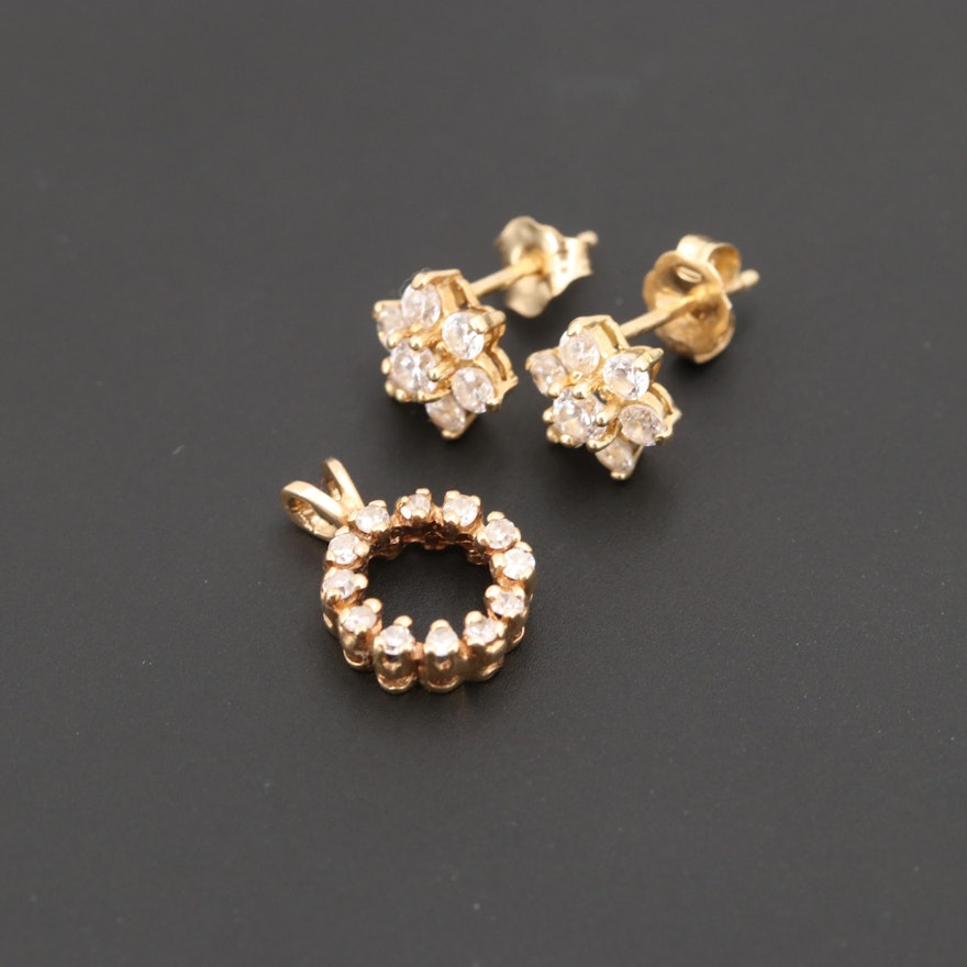 14K Yellow Gold Diamond and Cubic Zirconia Earrings and Pendant Set