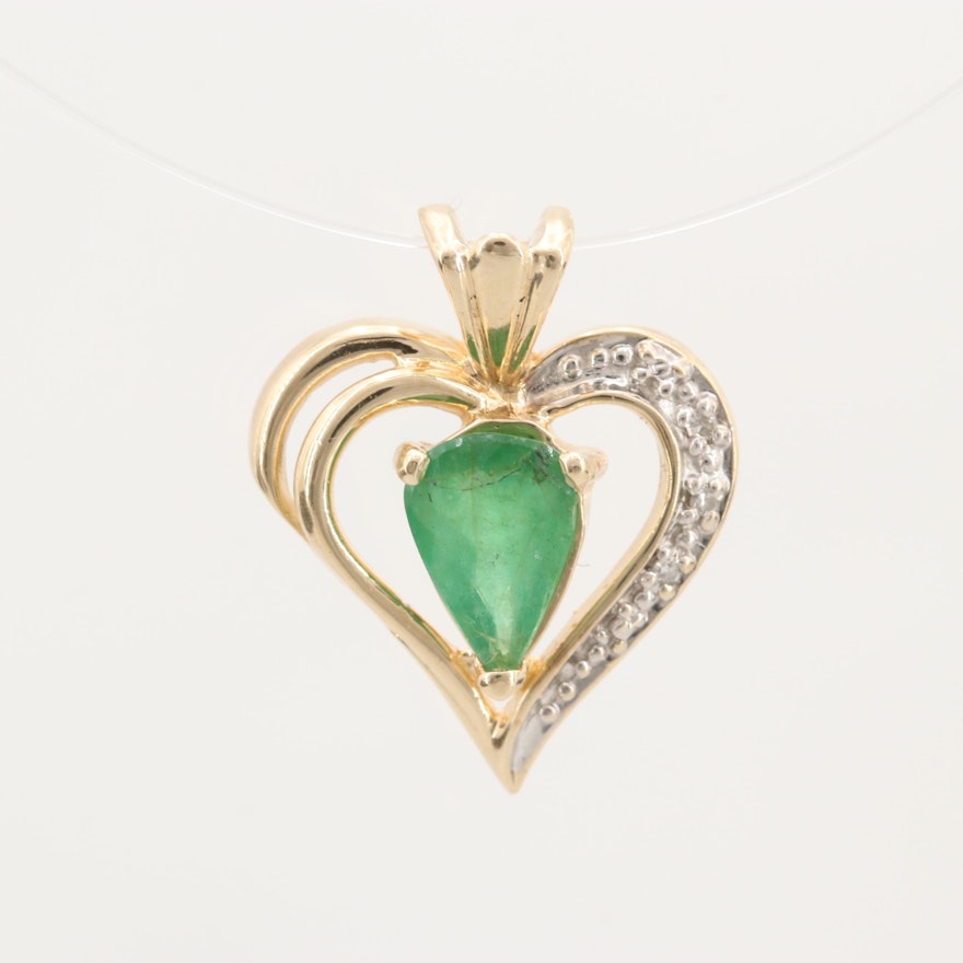 10K Yellow Gold Emerald and Diamond Heart Pendant