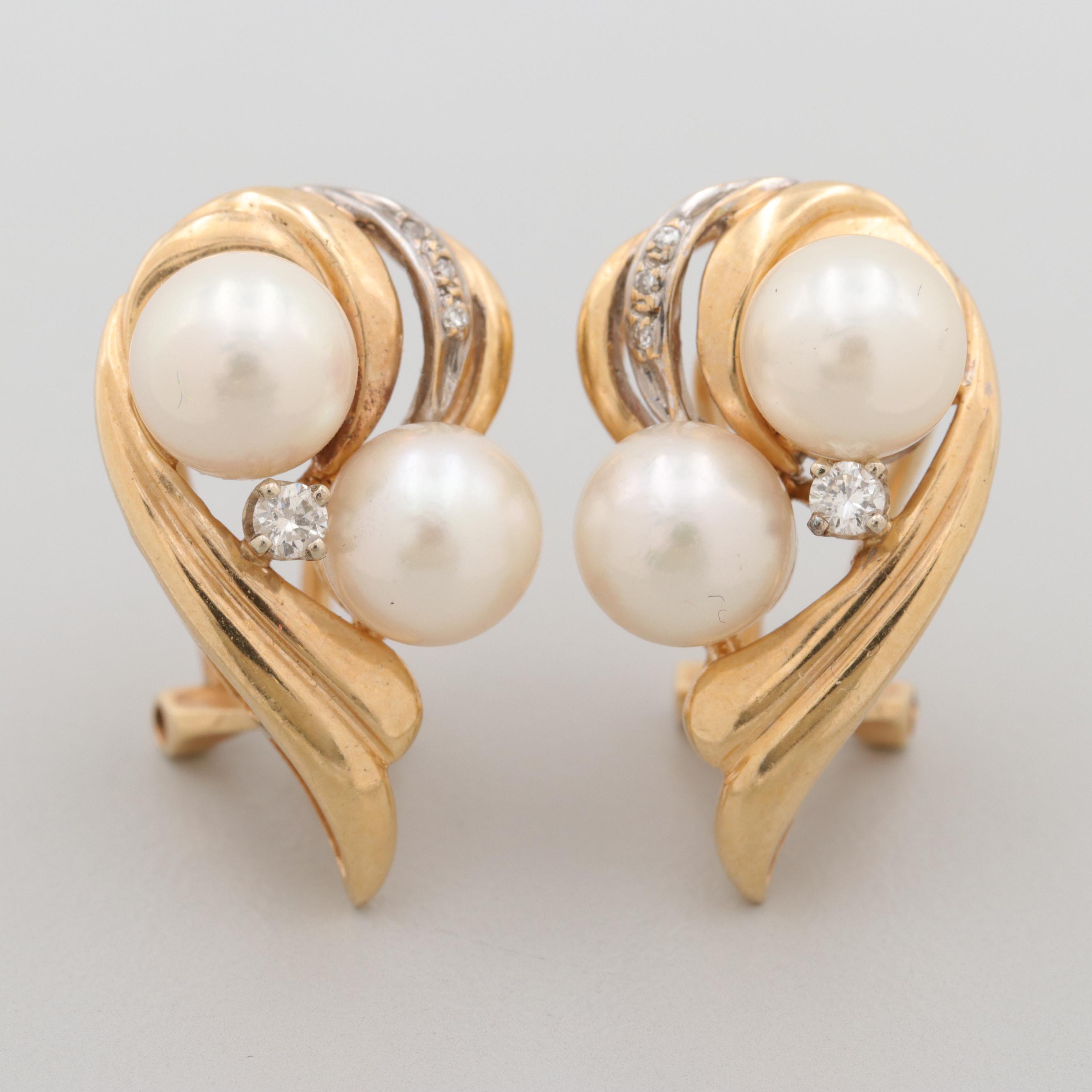 14K Yellow Gold Cultured Pearl and Diamond Earrings