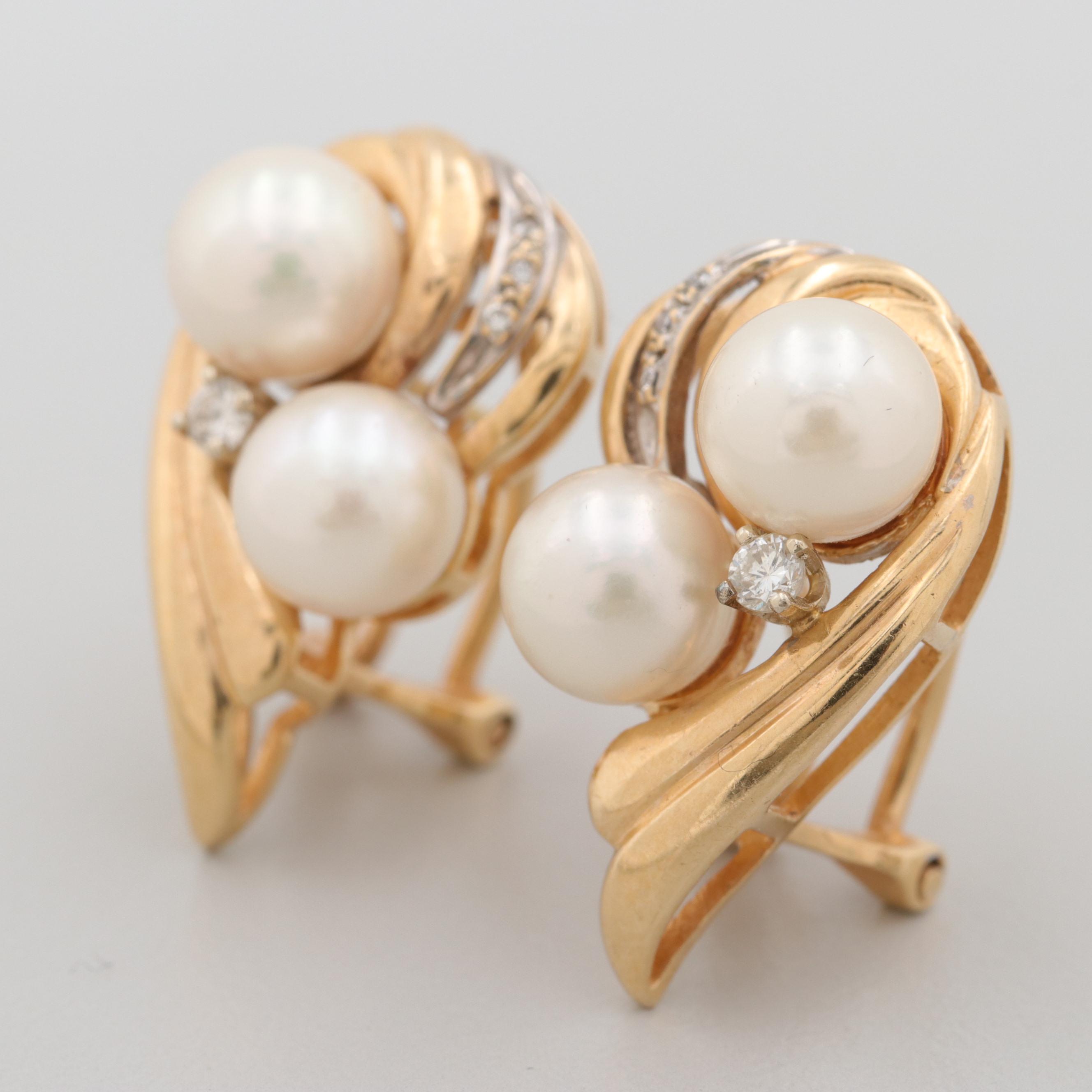 14K Yellow Gold Cultured Pearl and Diamond Earrings