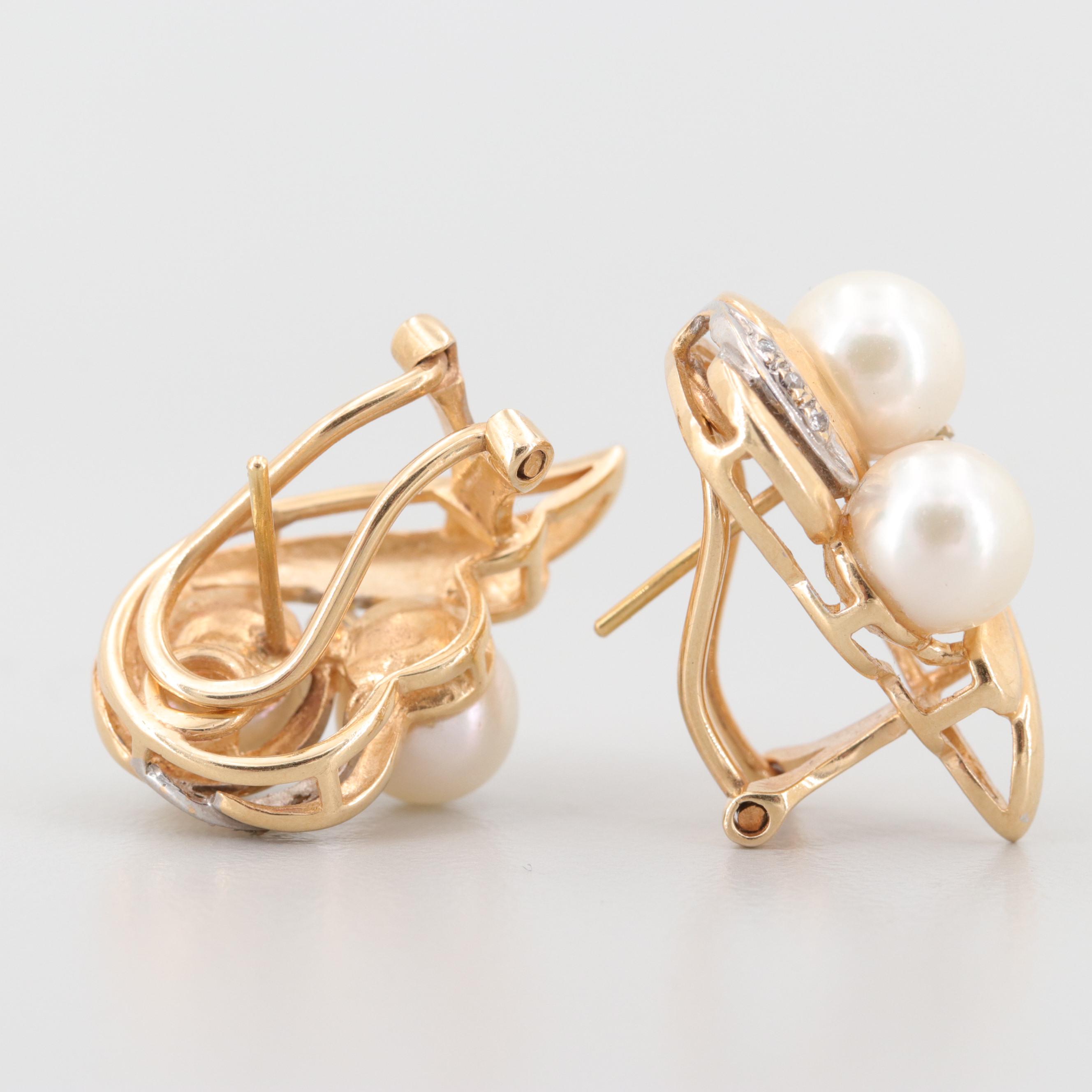 14K Yellow Gold Cultured Pearl and Diamond Earrings