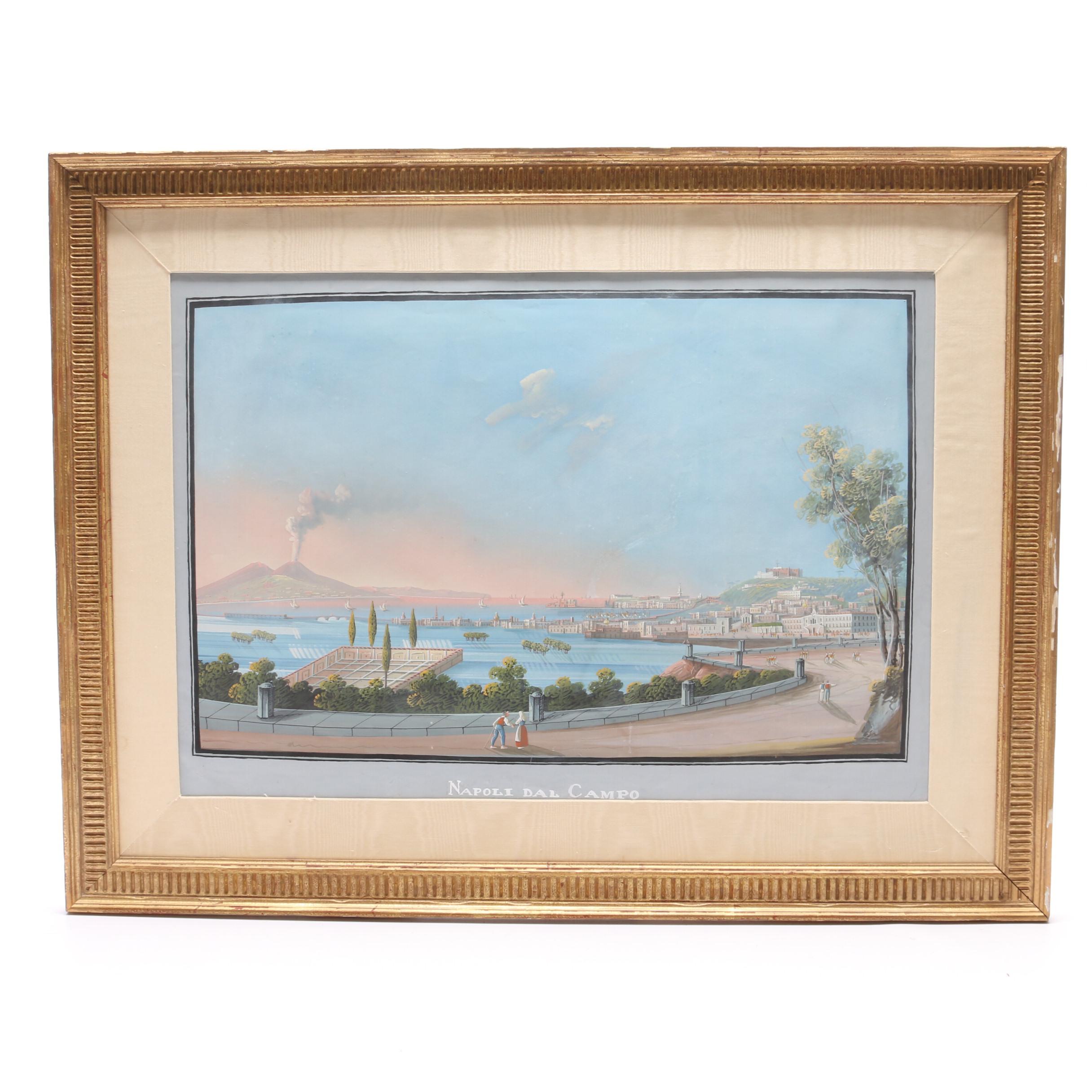 Mid 19th Century Italian Neapolitan Gouache Painting "Napoli Dal Campo"