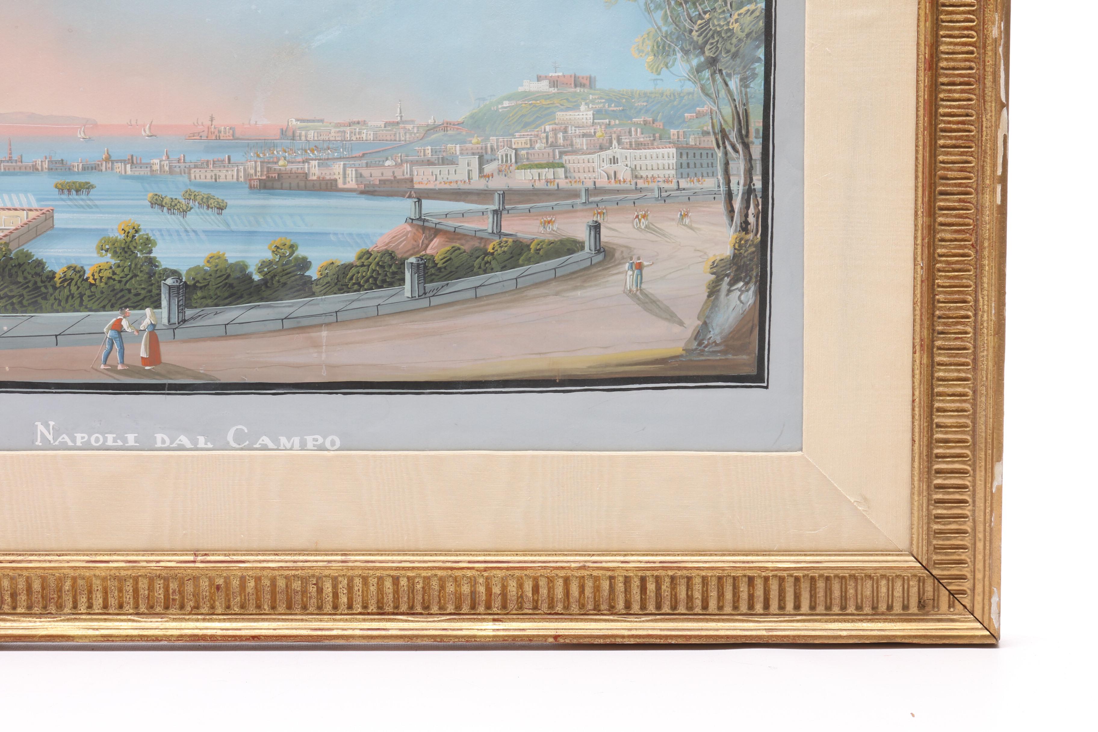 Mid 19th Century Italian Neapolitan Gouache Painting "Napoli Dal Campo"